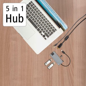 Hama USB-C Multiport Hub für Laptop mit 5 Ports, USB-A, USB-C, HDMI, LAN USB-Adapter USB-C zu HDMI, RJ-45 (Ethernet), USB Typ A, USB Typ C, 15 cm, Laptop Dockingstation, kompakt, robustes Gehäuse, silberfarben