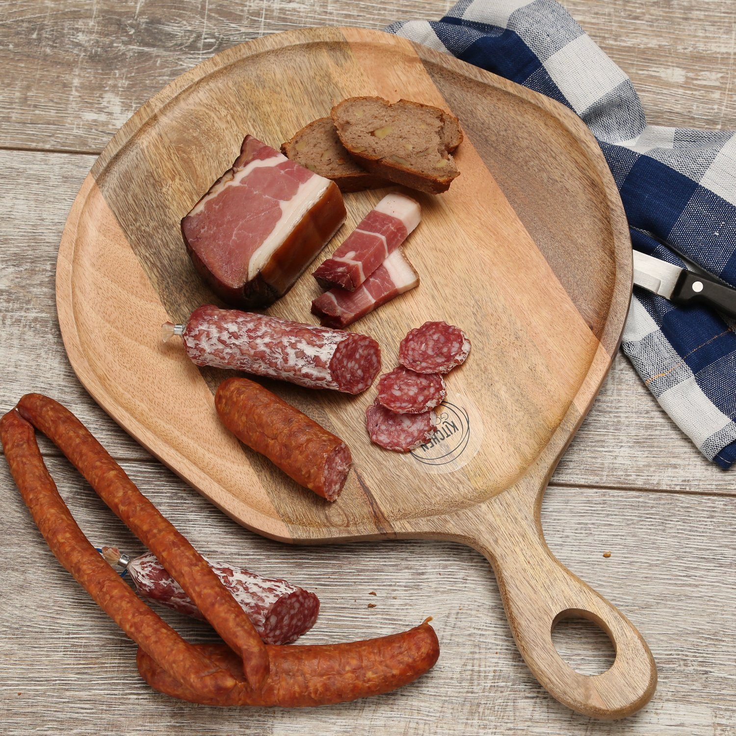 GAUMENKICK Schneidebrett Schneidebrett Servierbrett rund Mangoholz natur Griff Pizzabrett 45cm, Holz, (1-St)