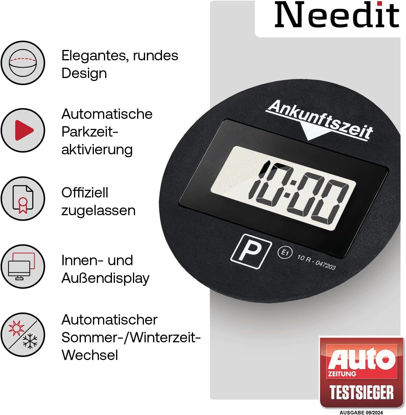 NeedIt elektronische Parkscheibe Park Lite One (Parkuhr, Montagematerial inklusive), mit Zulassung, schnelle und einfache Montage