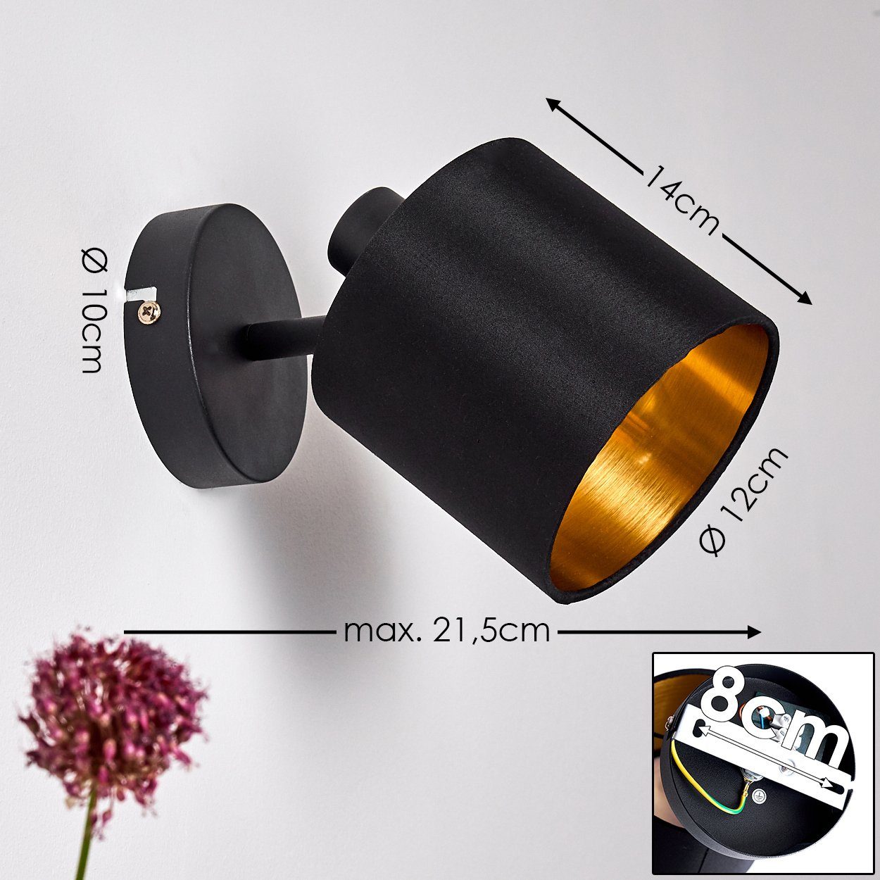 hofstein Wandleuchte »Costa« Wandlampe aus Metall/Stoff in Schwarz/Gold, ohne Leuchtmittel, 3000 Kelvin, 1xE14, verstellbarer Wandspot mit Stoff-Schirm im Retro/Vintage-Desgin