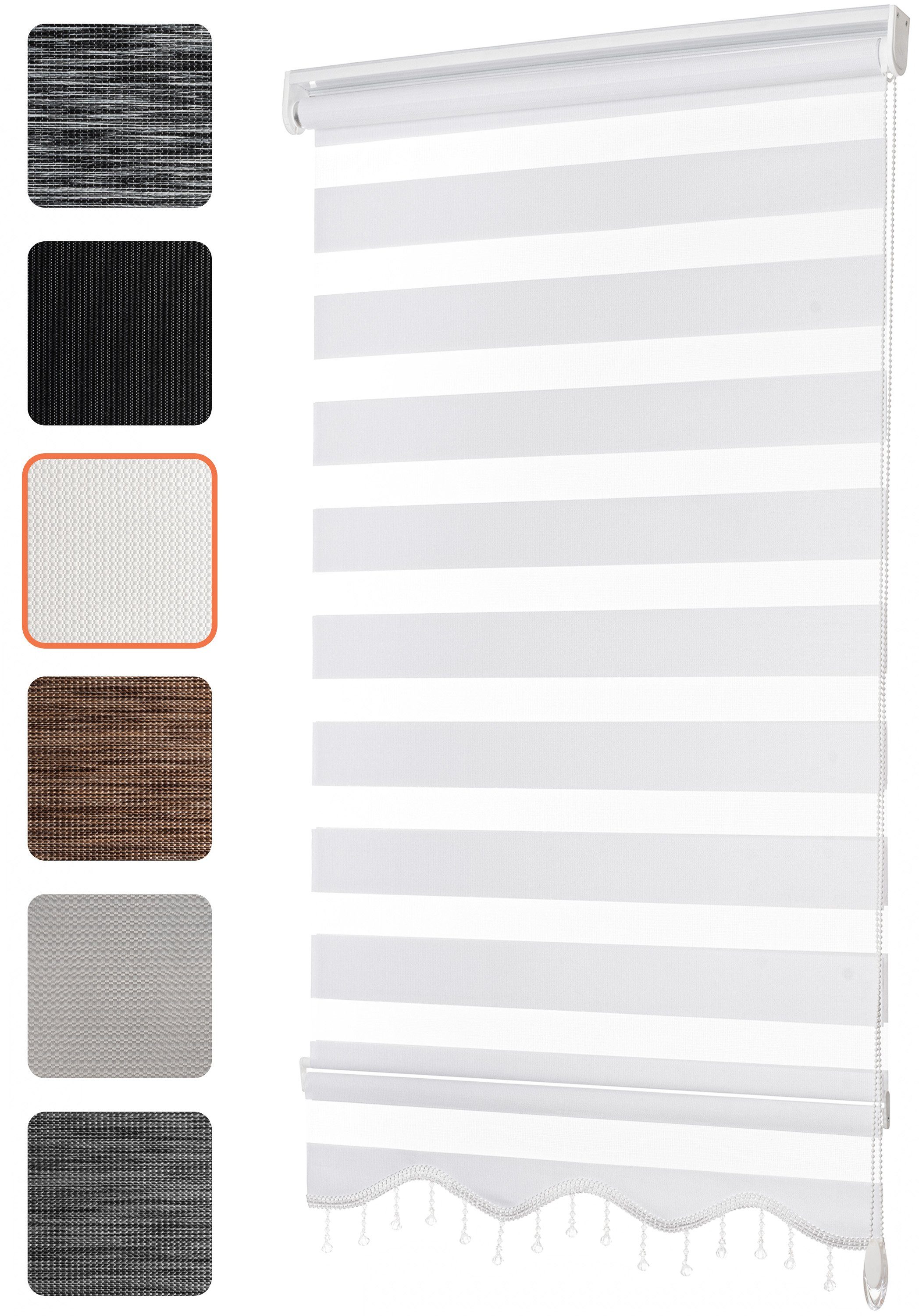 Doppelrollo mit Perlen, Rollos für Fenster ohne Bohren, Weiß, Bailena, Lichtschutz, ohne Bohren, freihängend, Klemmfix, Gardine mit Volant, Seitenzugrollo verdunkelnd