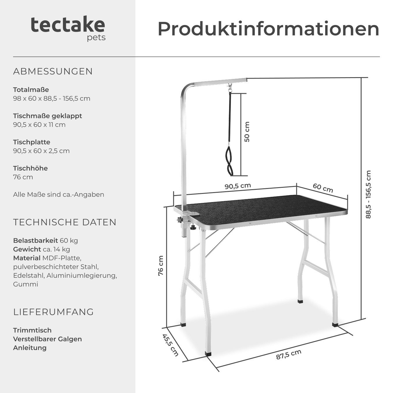 tectake Arbeitstisch Trimmtisch, mit höhenverstellbarem Galgen