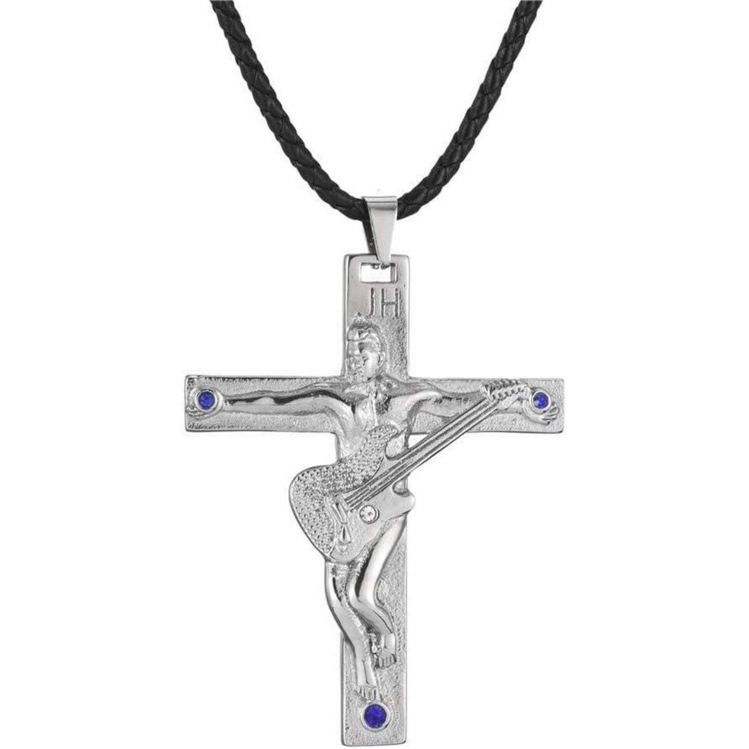 Kreuzkette Johnny Hallyday Halskette Edelstahl Gitarrenkreuz Anhänger Schwarz