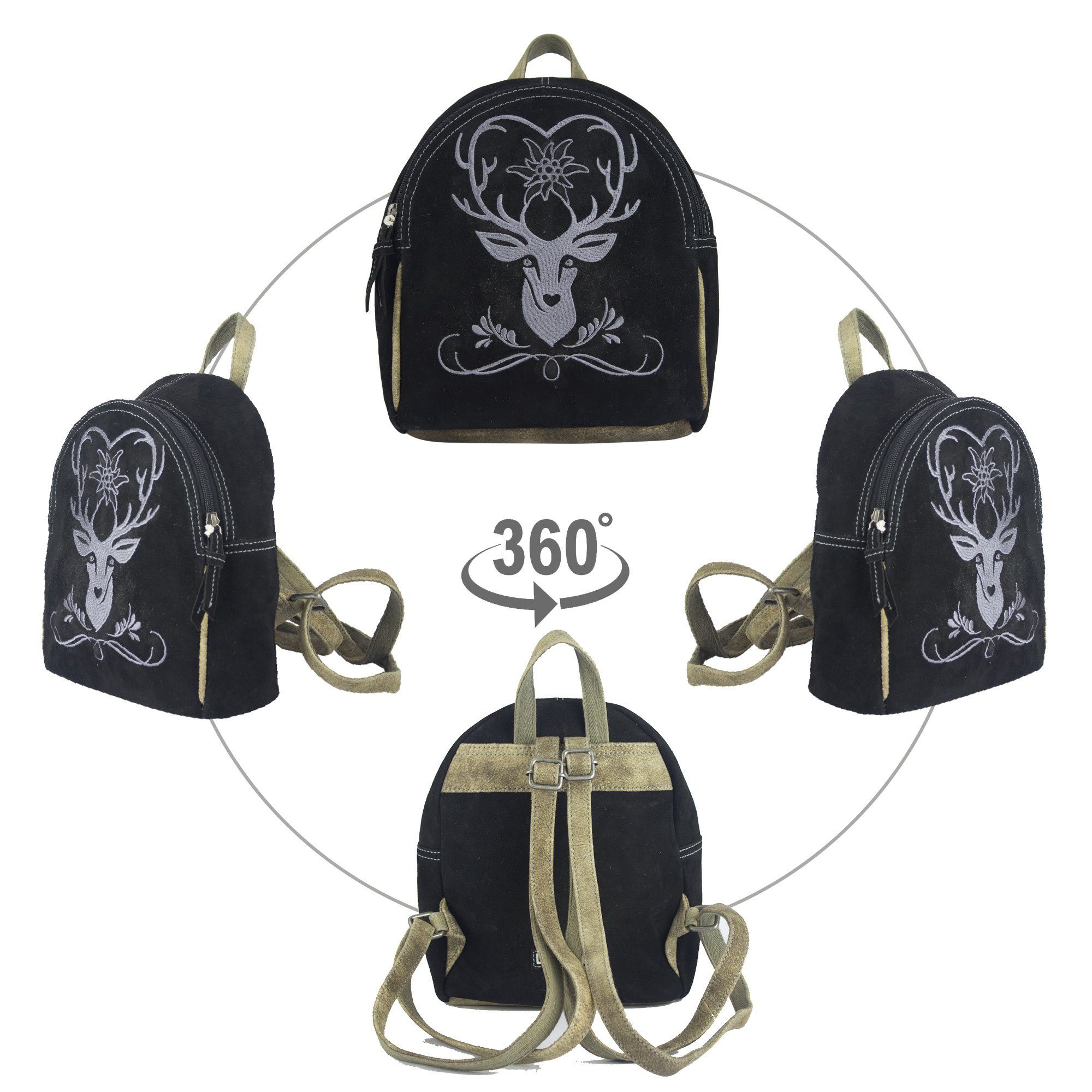 Domelo Trachtentasche Leder Trachten Rucksack Backpack Cityrucksack besticket, Leder Rucksack mit Trachtenmotive Stickerei, Reh Motiv. – Bild 2 von 5