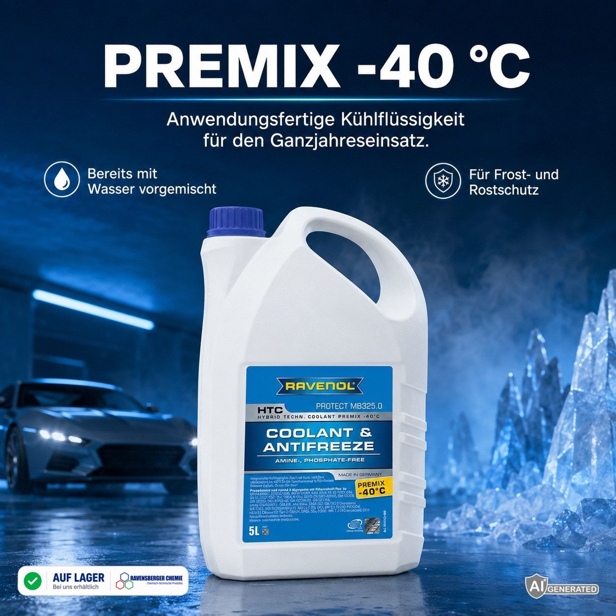 Ravenol Kühlerfrostschutz HTC Premix -40°C Protect MB 325.0 Kühlmittel Fertigmischung Blau, 5 l, 5L Kühlmittel Premix – MB 325.0 – Frostschutz bis -40 °C – Bild 2 von 5