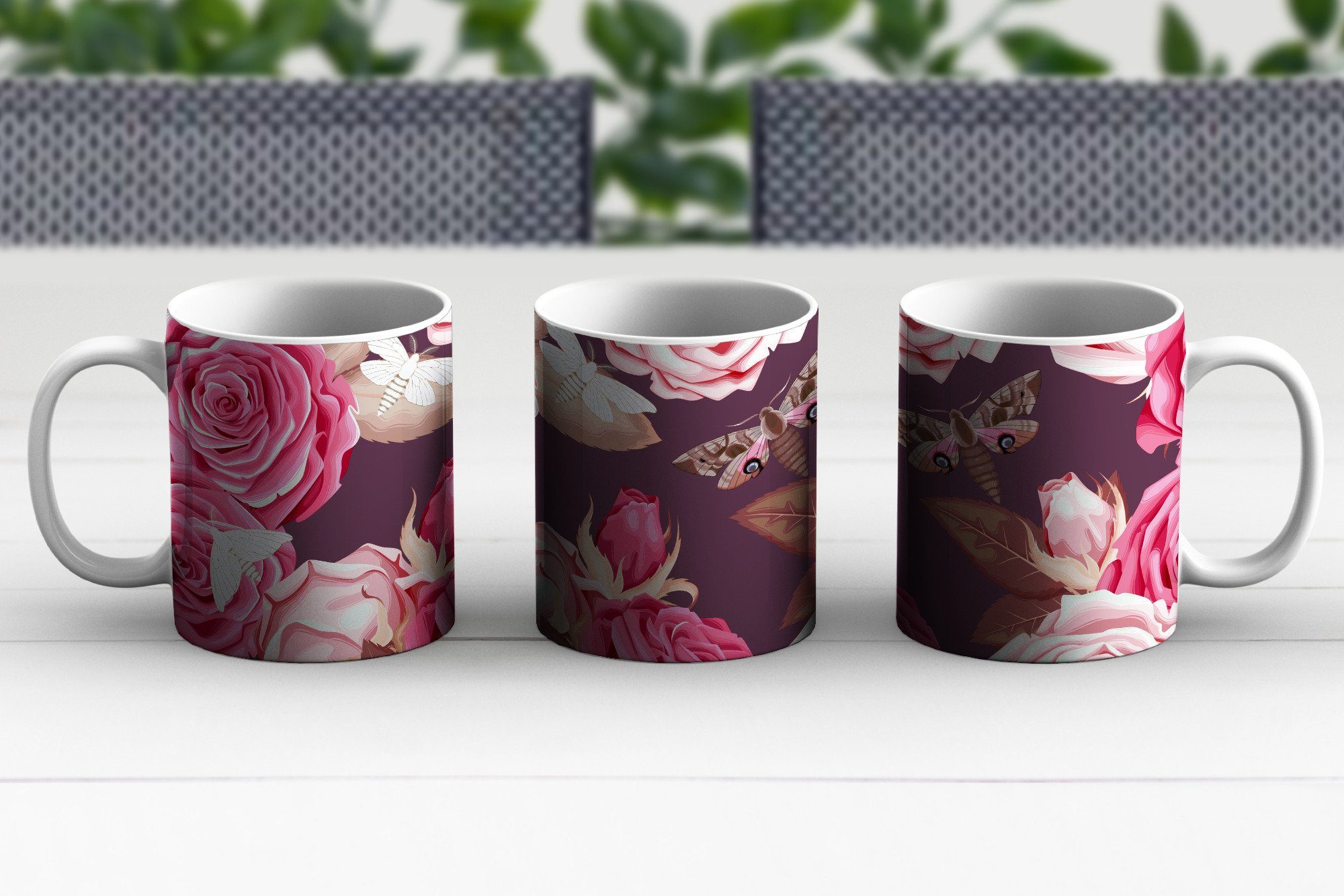 MuchoWow Tasse Rosen Teetasse, Kaffeetassen, Schmetterlinge Teetasse, - Becher, Keramik, Geschenk Rosa, 