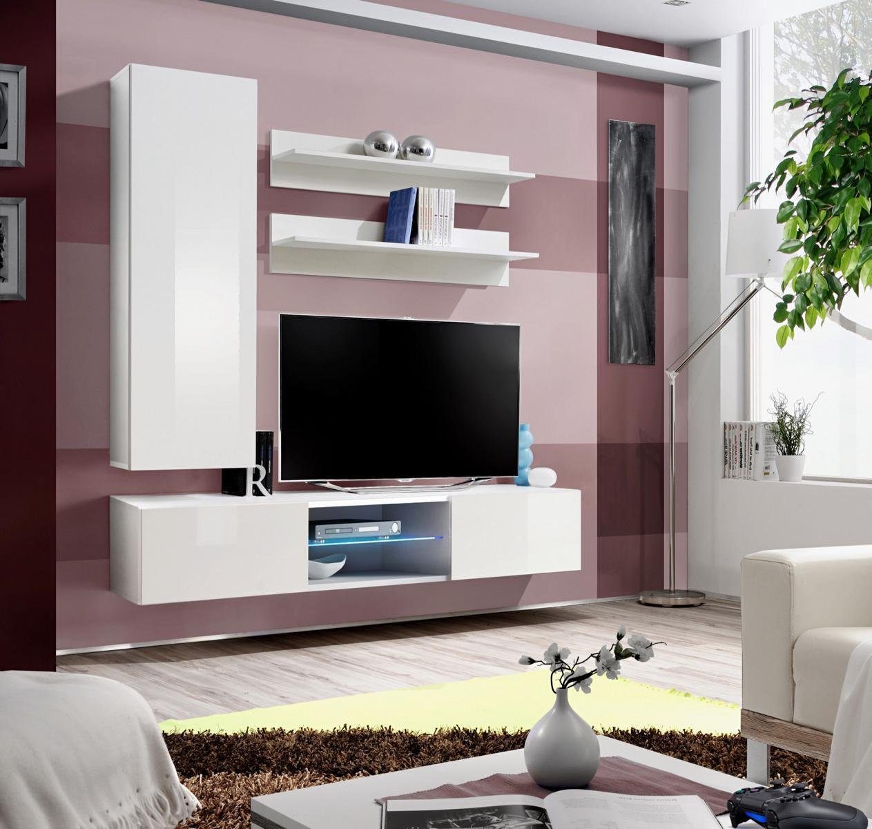 JVmoebel Wohnzimmer-Set Moderne Wohnwand TV-Ständer Wandschrank Wand Regale Wohnzimmer, (5-St., 1x Wohnwand + 1x TV Ständer + 1x Wandschrank + 2x Wandregal), Made in Europa