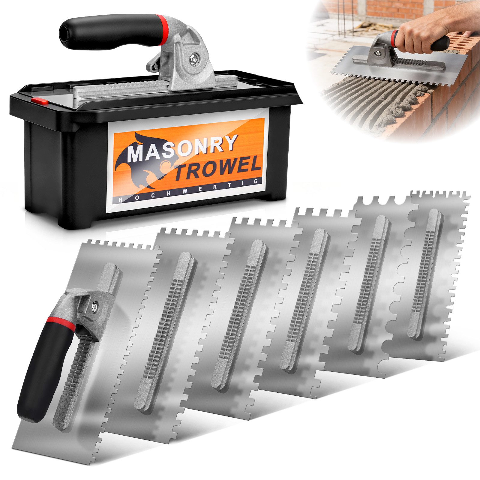 XERSEK Glättekelle Wechselkellen-Set mit 6-Klingen, Vielseitiges Zahnkelle Maurerkelle (Abnehmbarer Griff + 6 Klingen-St., 6x6-12mm, U+T-Kelle, Abnehmbarer Griff, Ergonomisch, Rostfrei) Traufel Zahnspachtel Mörtelkelle Putzkelle Für Fliesen Estrich Kleber