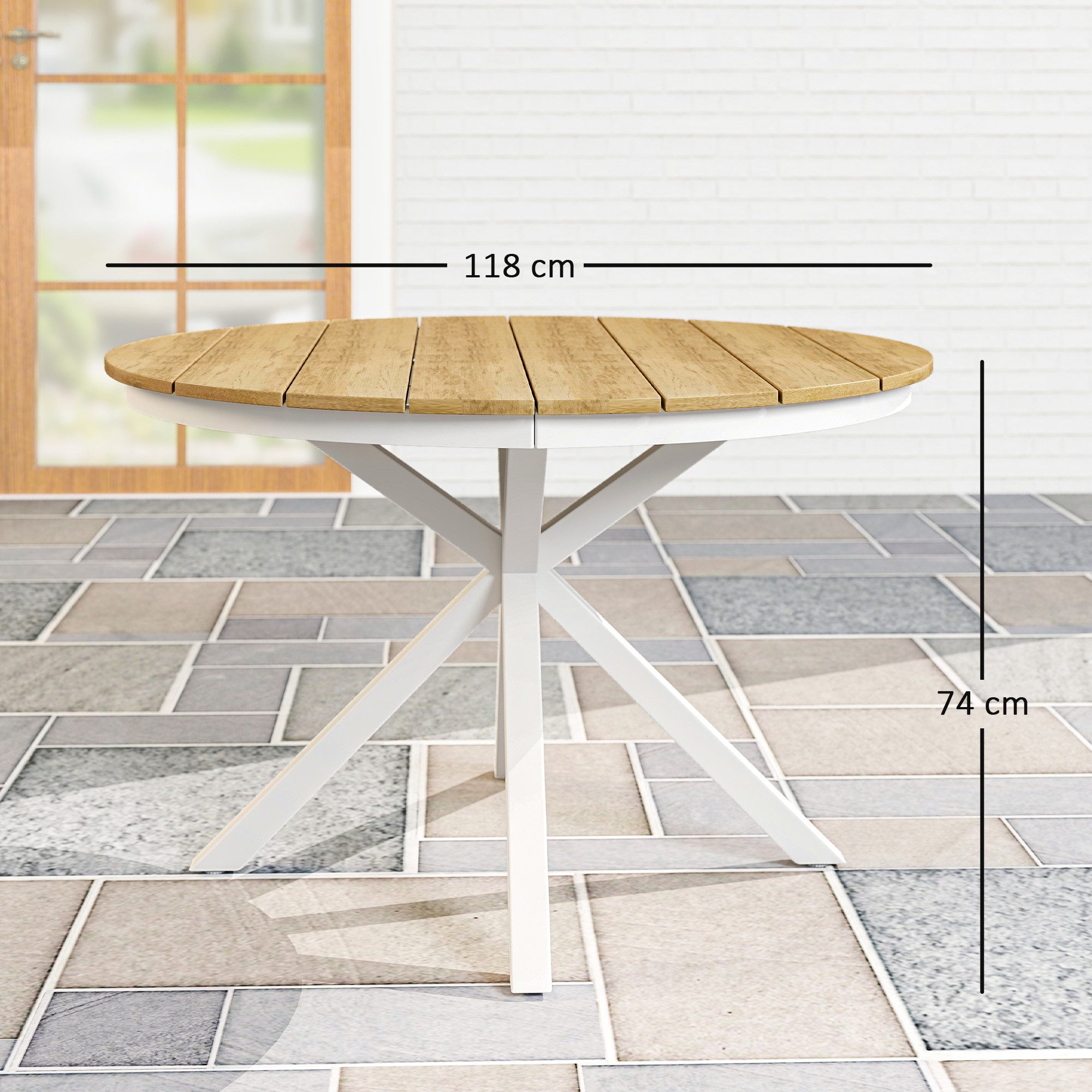Outsunny Gartentisch mit Kreuzbeine, Lattendesign (Beistelltisch aus Aluminium, 1-St., wetterfest Balkontisch), Ø118cm, für Garten Balkon Teak
