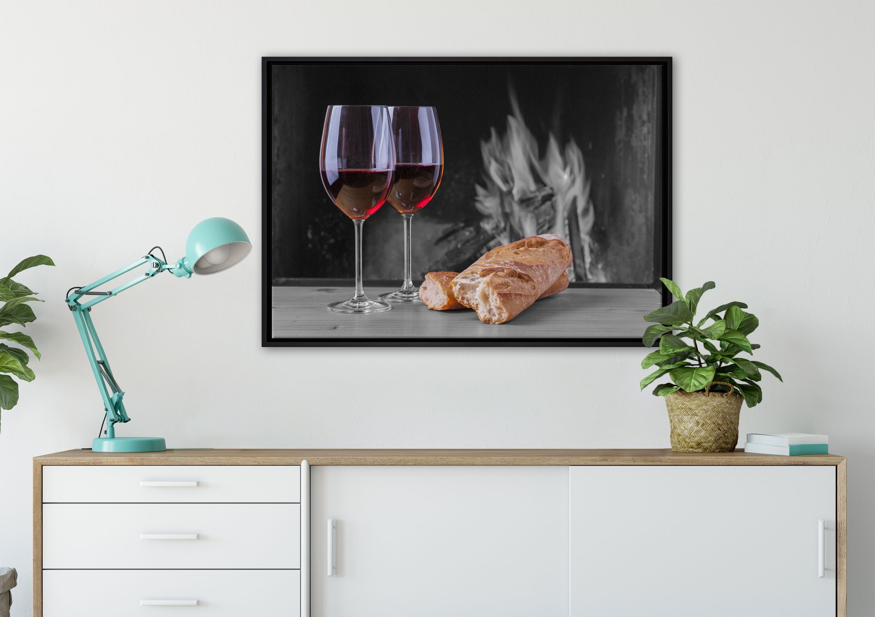 Pixxprint Leinwandbild inkl. bespannt, Leinwandbild einem Wein Schattenfugen-Bilderrahmen Picknick, fertig Baguette (1 St), Wanddekoration in gefasst, Zackenaufhänger