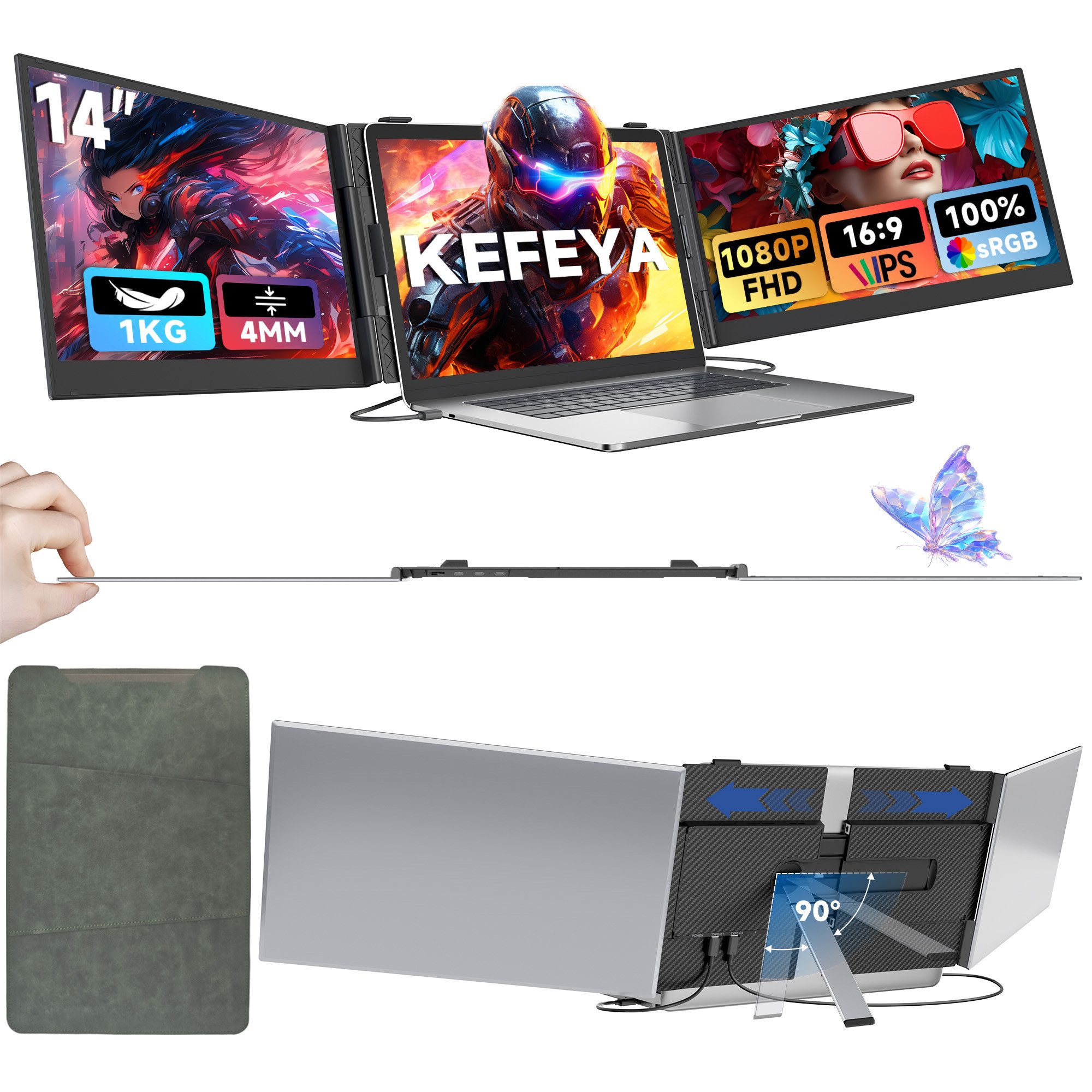 KEFEYA Ultra-dünne Gaming Monitor LED-Monitor Laptop-Bildschirm-Extender Portabler Monitor (36 cm/14 ", 1920x1080 px, Full HD, 60 Hz, HDR, Für Laptops von 13 bis 17,3",Kompatibel mit Mac, Windows, Chrome etc)
