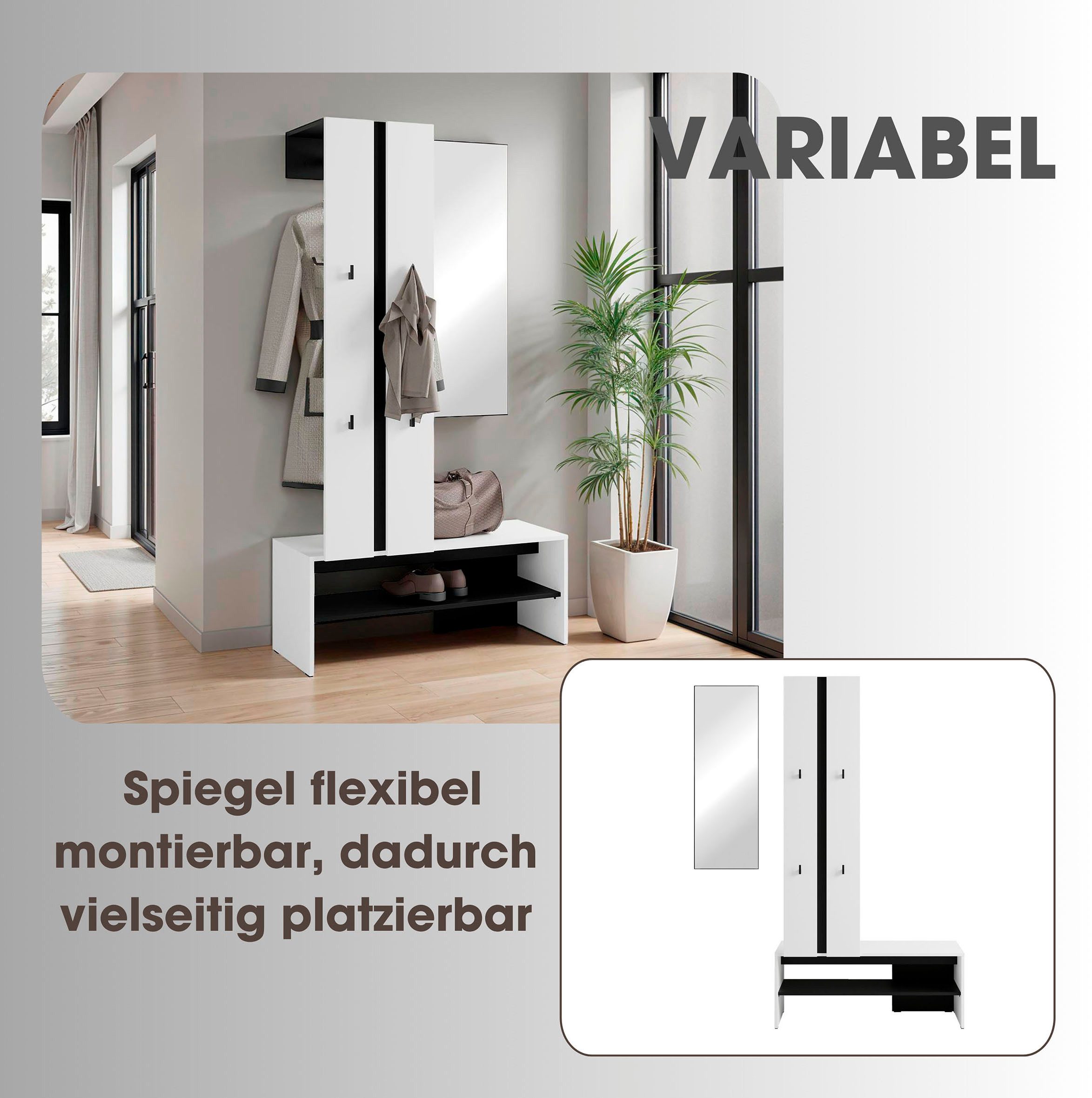 byLIVING Kompaktgarderobe Dielen - Set Nante (2-St) maximale Ordnung auf wenig Fläche mit Spiegel, Kleiderstange und Haken
