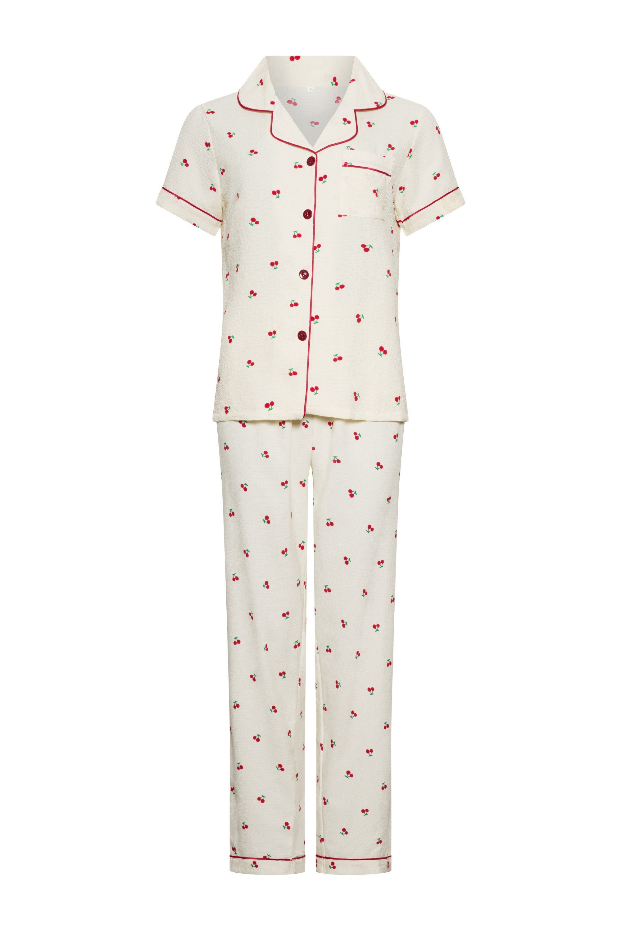 Elegant Love Pyjama Damen Schlafanzug – Nachtwäsche & Loungewear mit Kirschmuster (Set, 2 tlg., Kurzarm-Oberteil mit Kragen und Knopfleiste + Lange Hose) Hausanzug – gemütliche Homewear im femininen & bequemen Stil