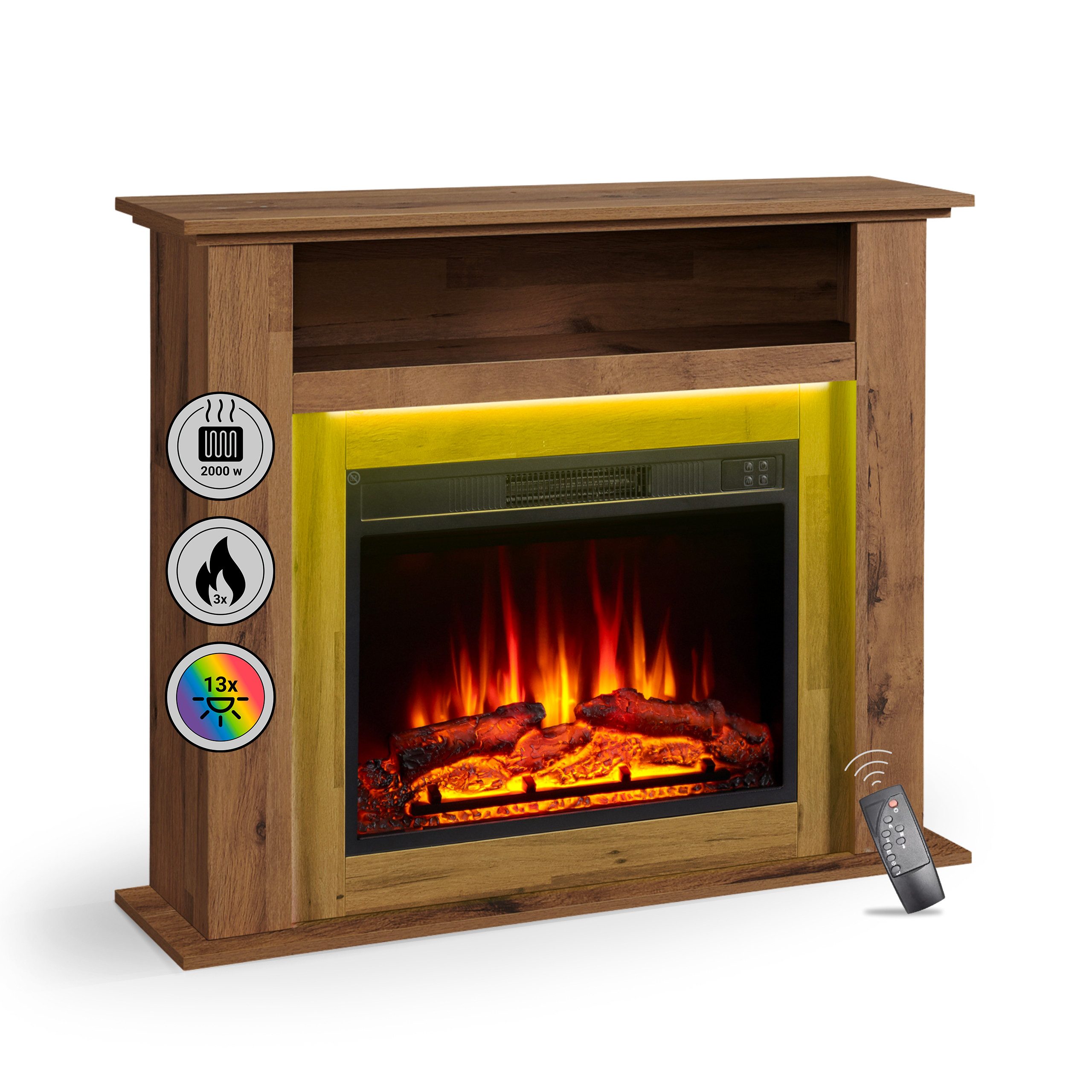 Balderia Elektrokamin Liora, Standkamin mit Ablagefach, 3D-Flammeneffekt, LED-Beleuchtung, Heizung