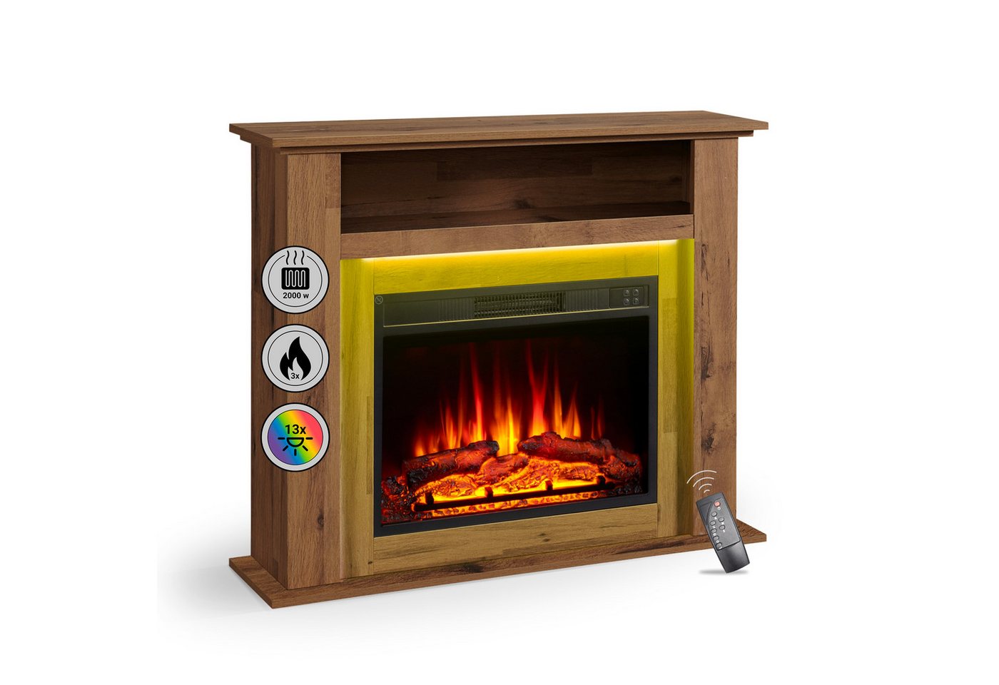 Balderia Elektrokamin Liora, Standkamin mit Ablagefach, 3D-Flammeneffekt, LED-Beleuchtung, Heizung