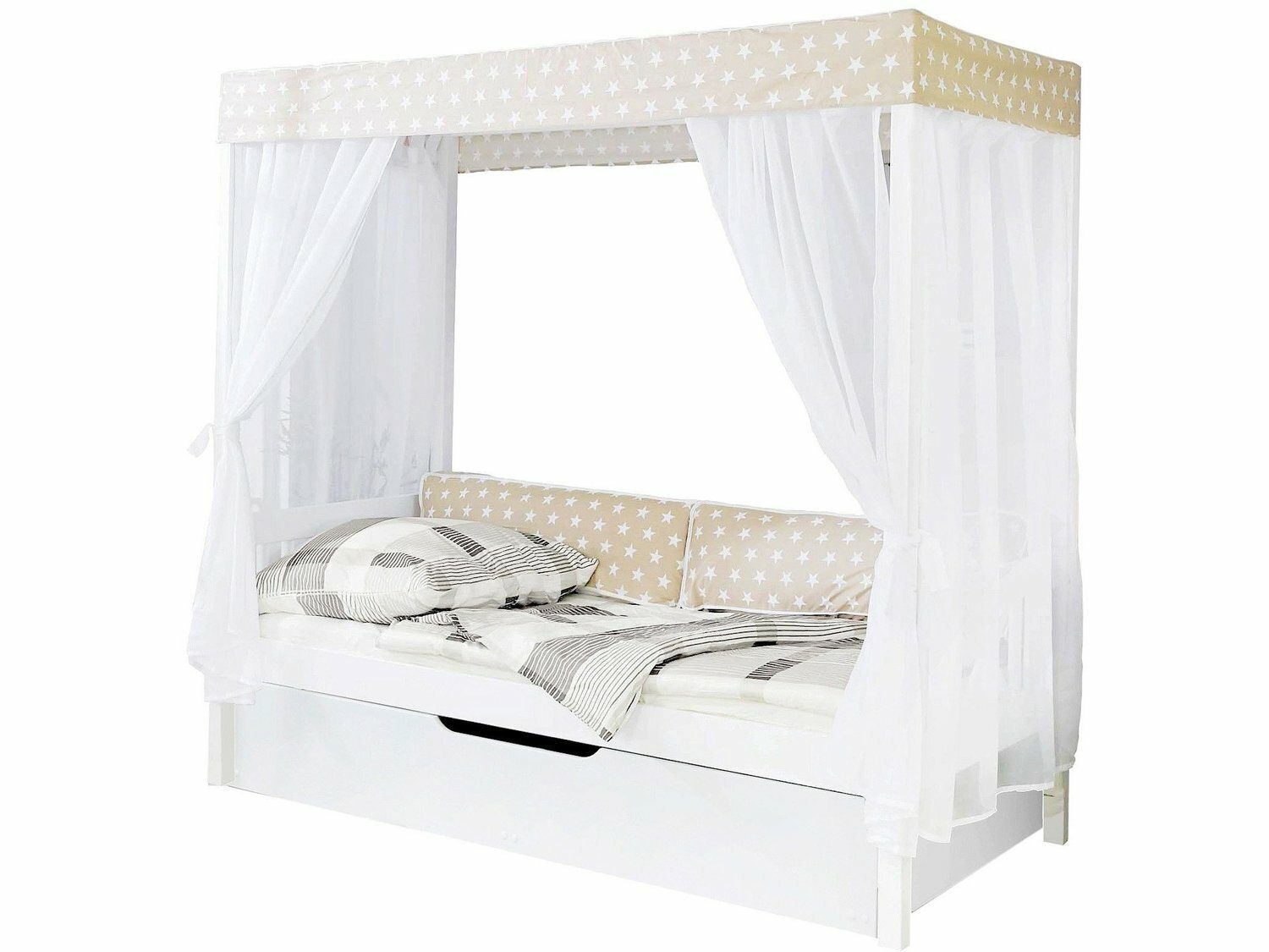 Ticaa Himmelbett Himmelbett "Beige" 310 Kiefer Weiß (Beige/Weiß, Oberer Teil abnehmbar und als Einzelbett stellbar
