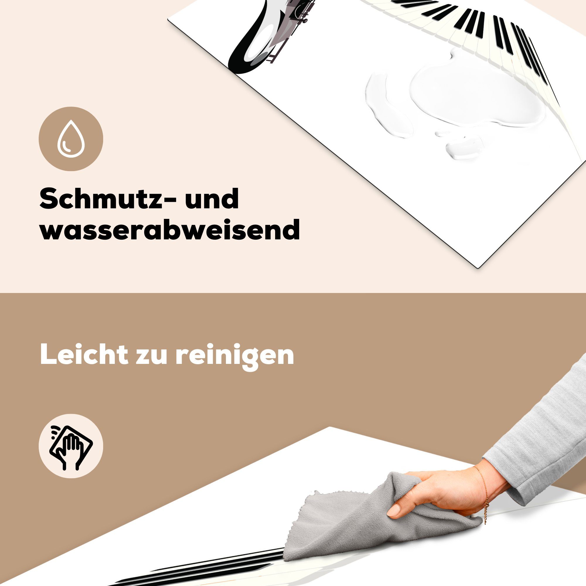 Arbeitsplatte Ceranfeldabdeckung, tlg), für Saxophons eines Schwarz-Weiß-Abbildung eines Vinyl, und Klaviers, (1 83x51 Herdblende-/Abdeckplatte MuchoWow cm, küche