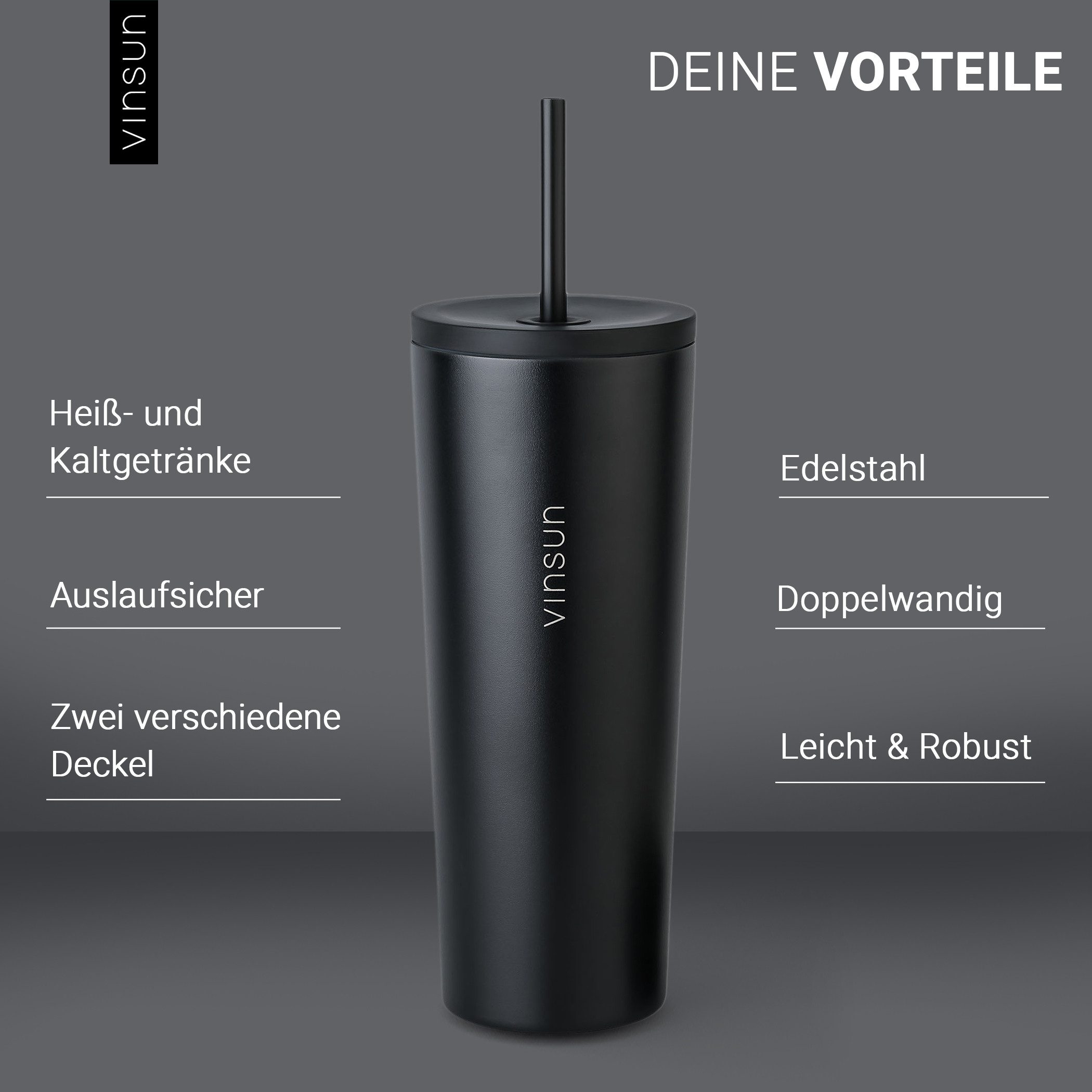 Vinsun Thermobecher Edelstahl Becher mit Strohhalm 720ml - Isolierbecher auslaufsicher, 4-tlg., Edelstahl, Doppelwandig isoliert, BPA frei, bruchfest, Kalt- und – Bild 4 von 5