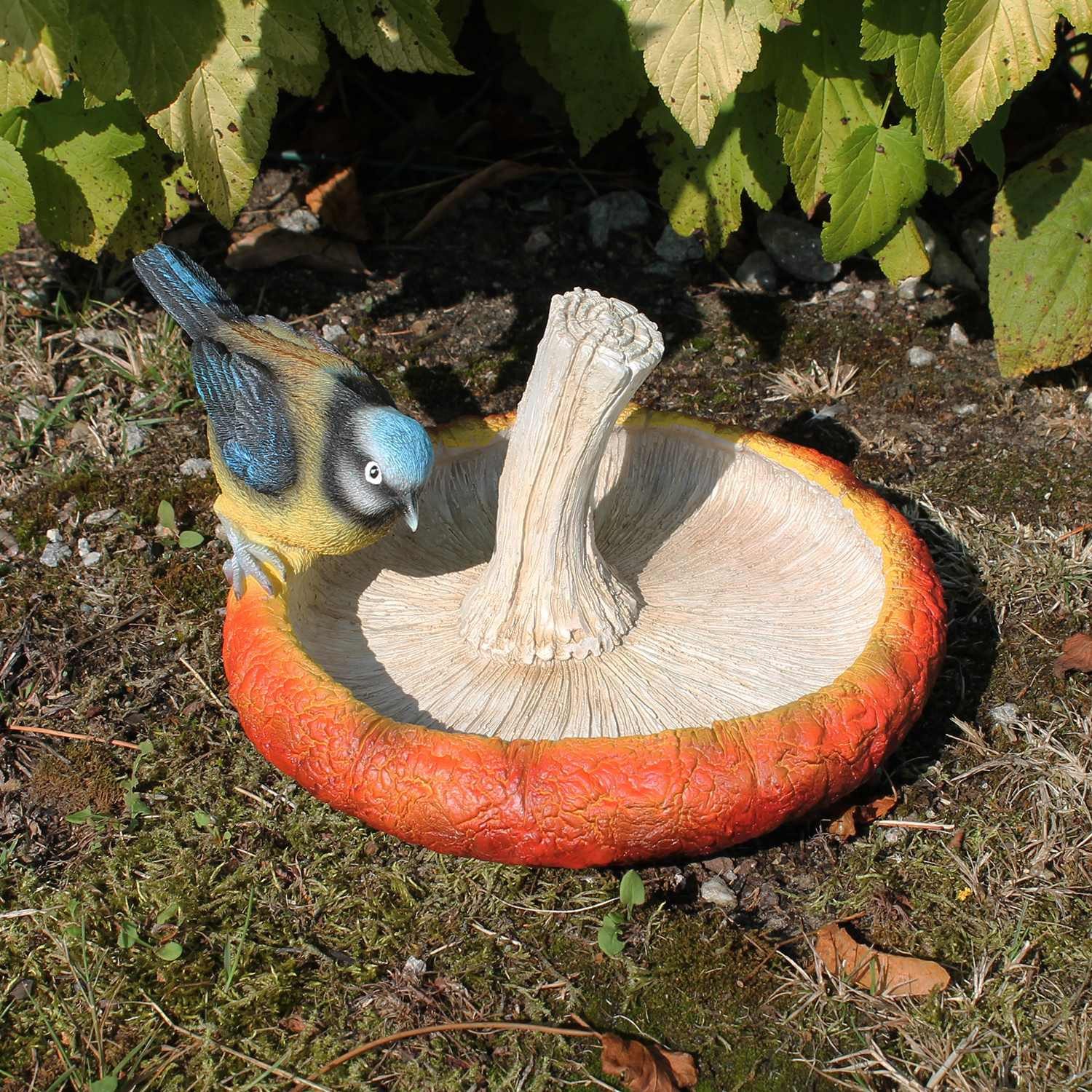 Fachhandel Plus Vogeltränke in Pilzform aus Polyresin mit Rotkehlchen oder Blaumeise handbemalt, handbemalte Kunstwerke