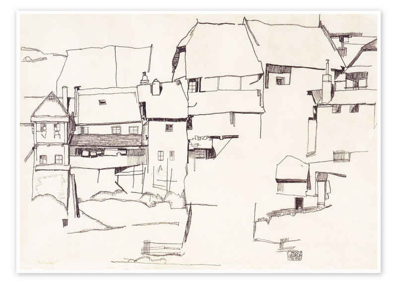 Posterlounge Poster Egon Schiele, Alte Häuser in Krumau, Wohnzimmer Minimalistisch Illustration