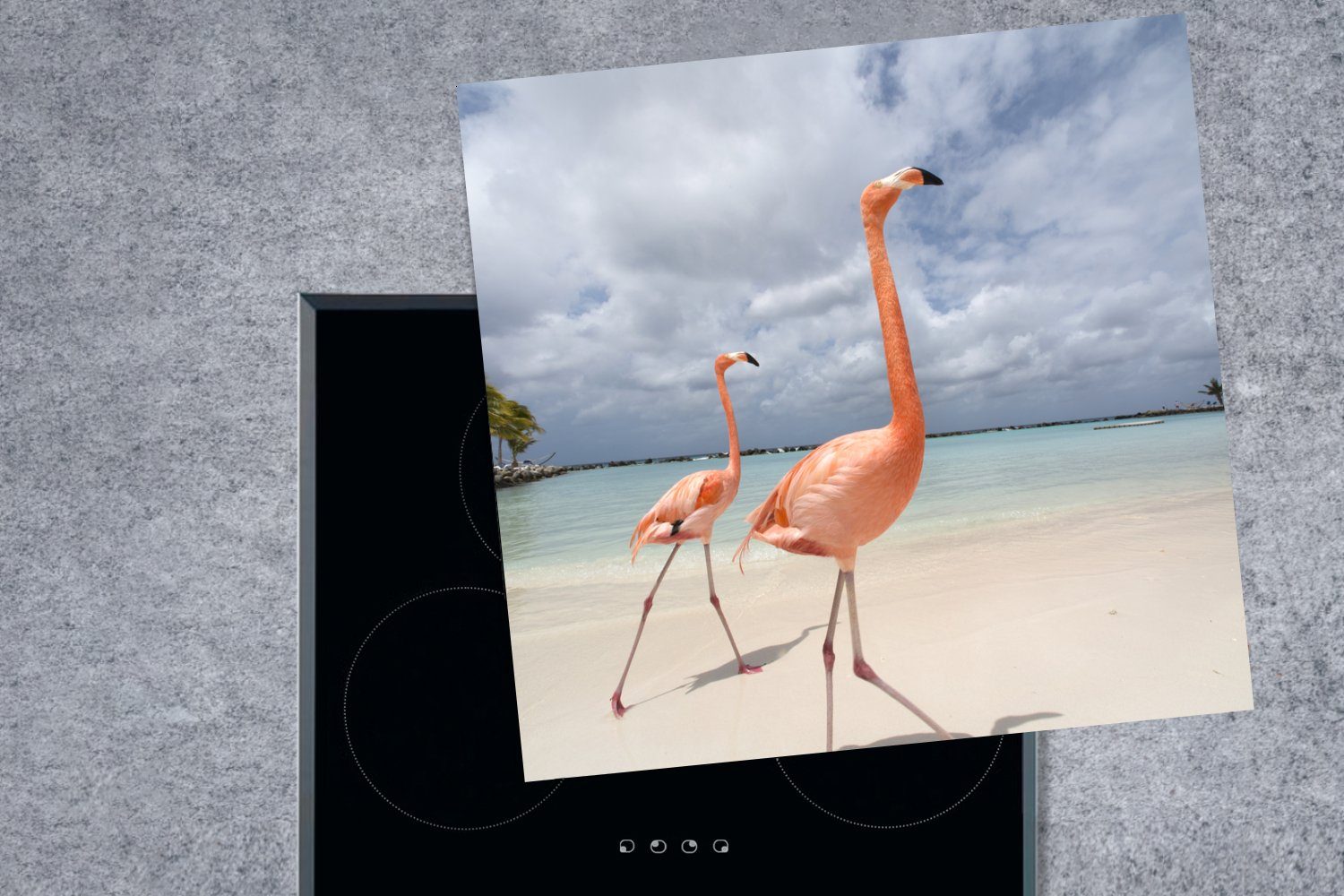 Flamingos 78x78 für MuchoWow cm, am küche Strand, (1 spazieren tlg), Arbeitsplatte stolze Herdblende-/Abdeckplatte Zwei Ceranfeldabdeckung, Vinyl,
