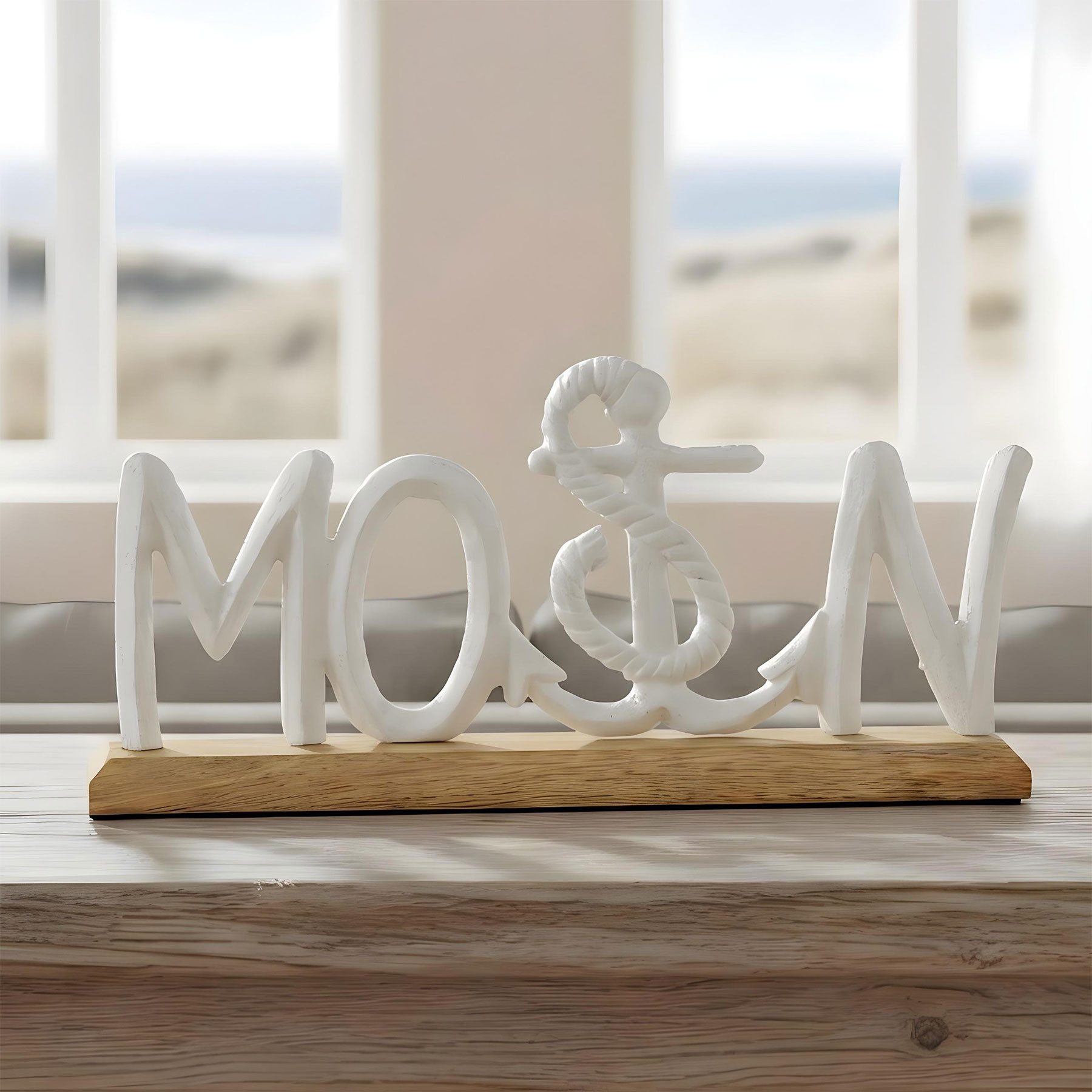 Levandeo® Deko-Schriftzug, Schriftzug Moin L30cm Metall Weiß Mango Holz Tischdeko Deko