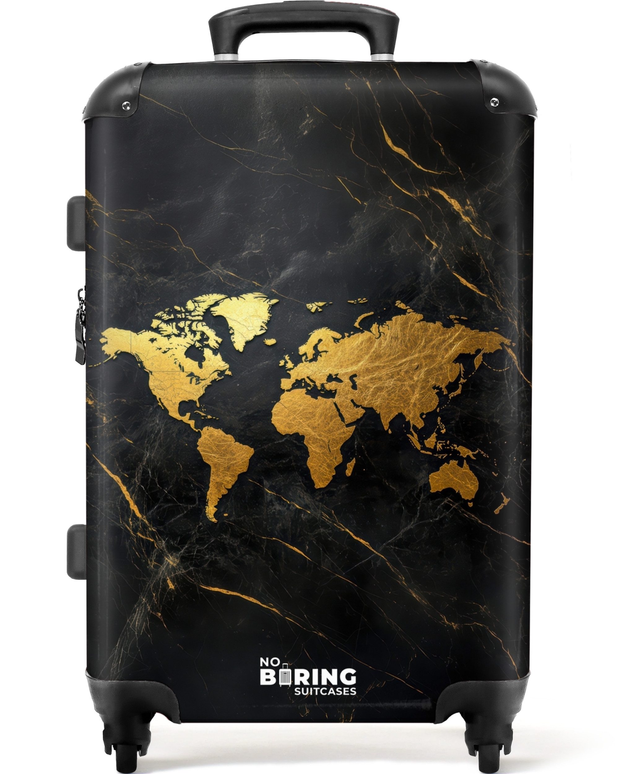 NoBoringSuitcases.com© Hartschalen-Trolley Weltkarte - Gold - Marmor 67 cm - 72 L, 4 Rollen, Koffer Mittelgroß für 20kg, Suitcase für Erwachsene, Reisekoffer
