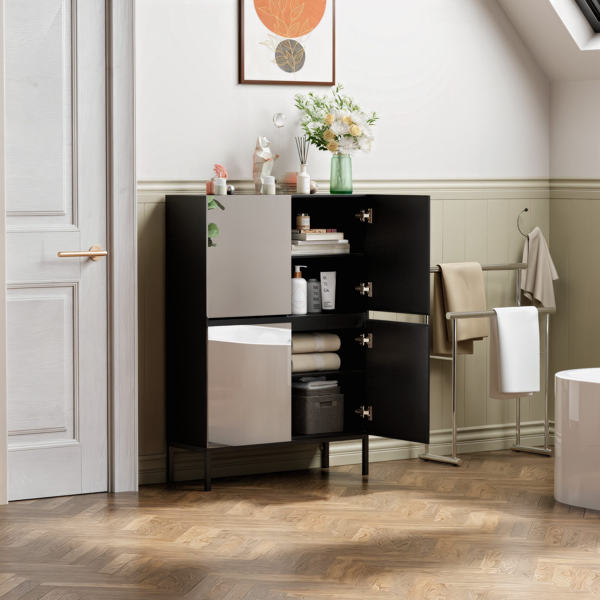 UEV Spiegelschrank mit 4 Türen (Badezimmerschrank, Spiegelschrank, Wohnzimmerschrank, Schlafzimmerschrank) 80 x 30,5 x 115,5cm für Wohnzimmer Schlafzimmer Flur
