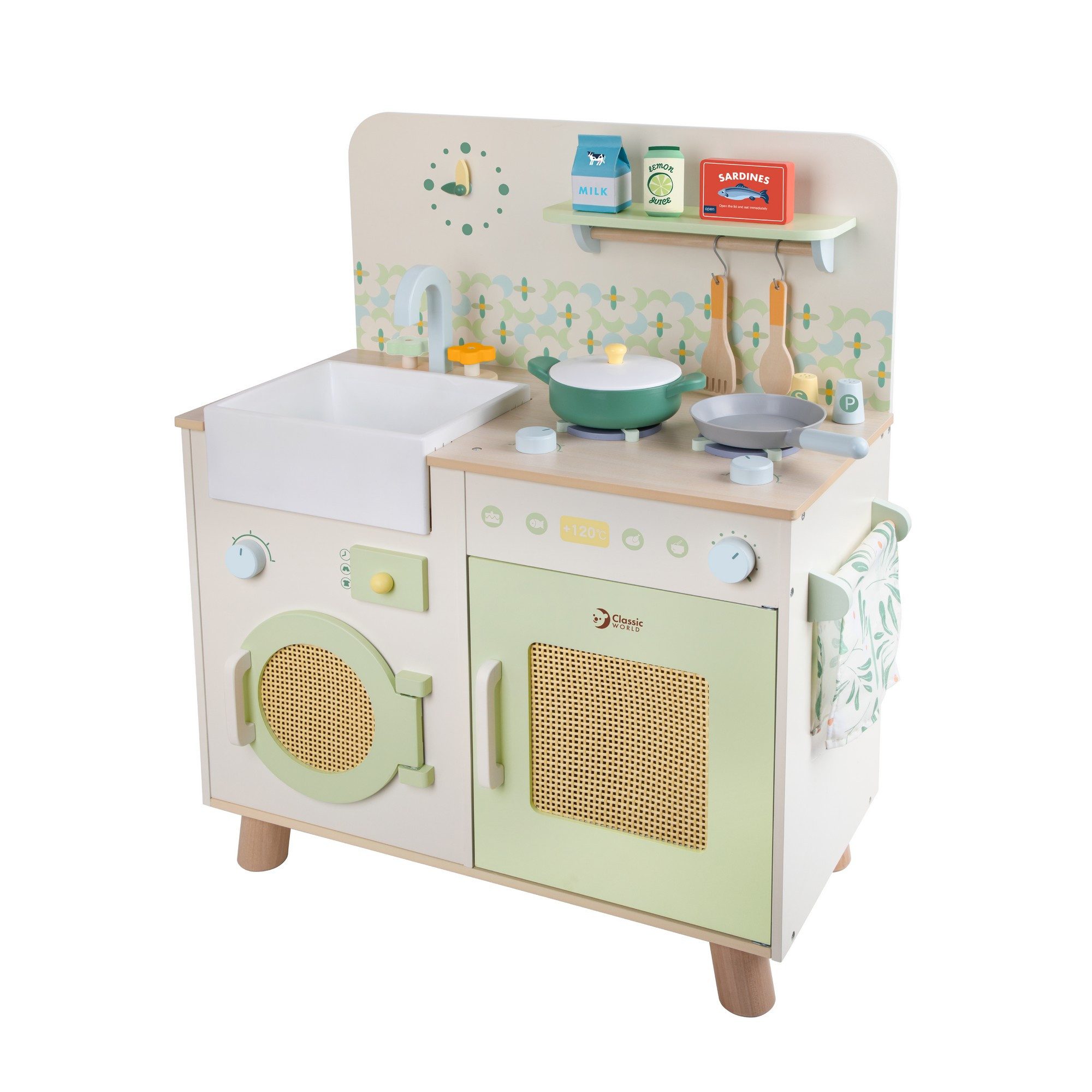 Classic World Spielküche Classic World - Küche Natur - 60x30x74,4cm - ab 3 Jahre MDF, Ahornholz, Schichtholz, Stoff, Draht, Kunststoff, aus Holz