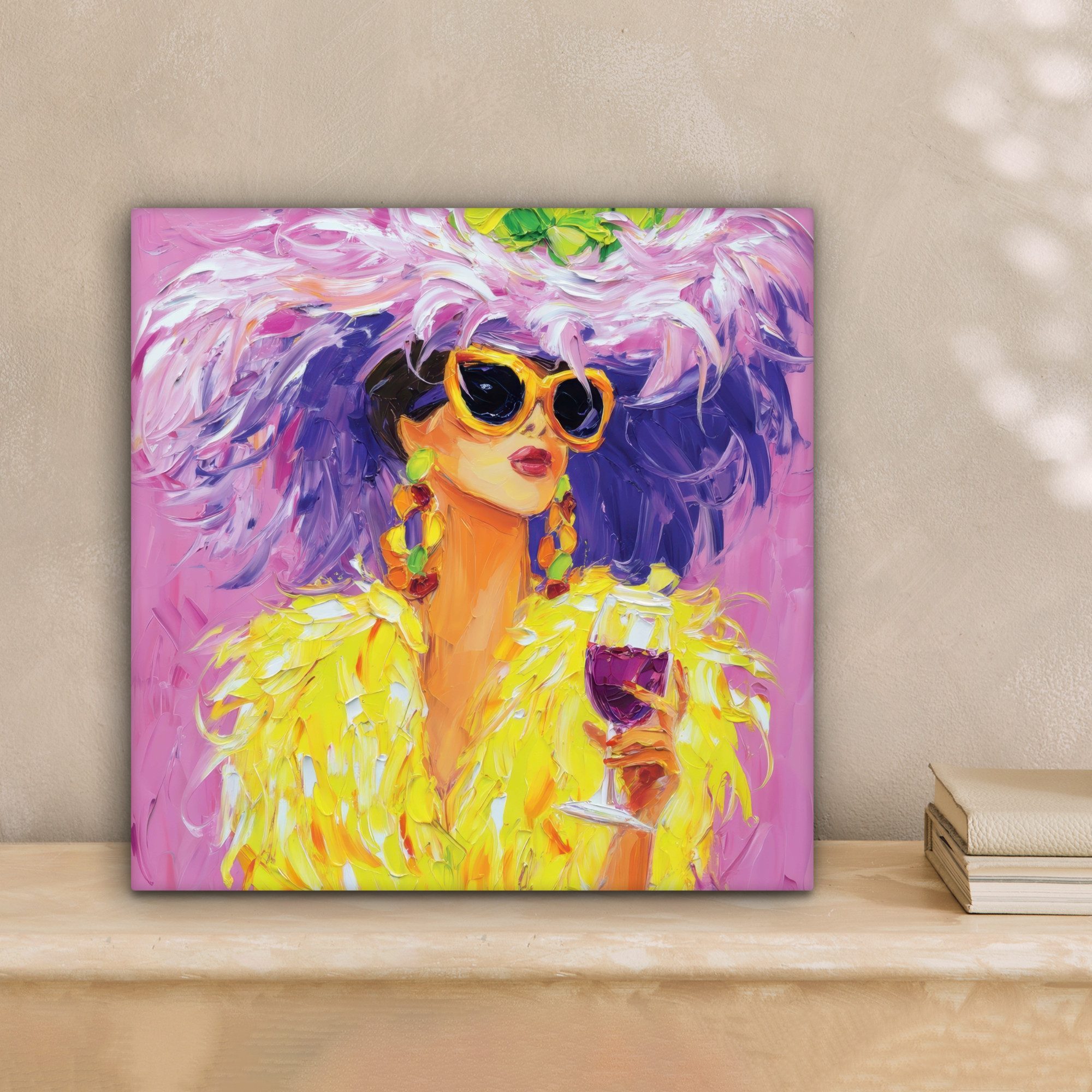 OneMillionCanvasses® Leinwandbild Sonnenbrille - Frau - Mantel - Federn, Fo günstig online kaufen