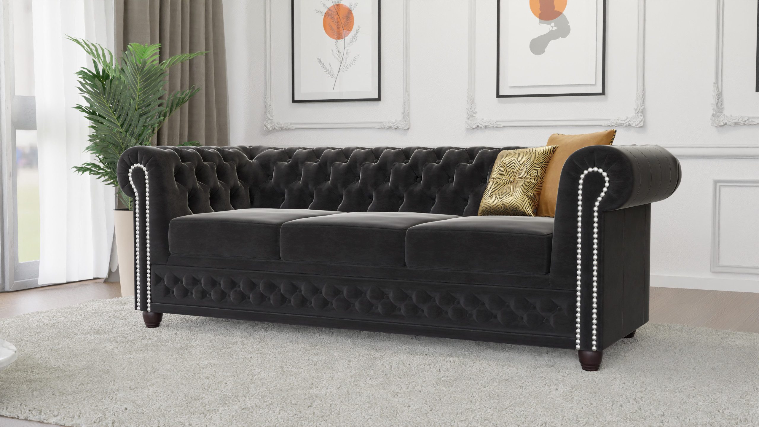 Chesterfield-Sofa Chesterfield Lena 3-Sitzer Sofa aus Samt-Stoff mit Holzfüßen