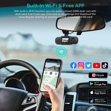 COOAU 4K Dashcam GPS WLAN Vorne & innen Dual 2,5K 1080P Für Uber Autokamera Dashcam (HD, WLAN (Wi-Fi), Superkondensator, 4 IR-LEDs, APP-Verbindung, mit Loop-Recordning, G-Sensor-Erkennung, und 24-Stunden Parkmonitor)