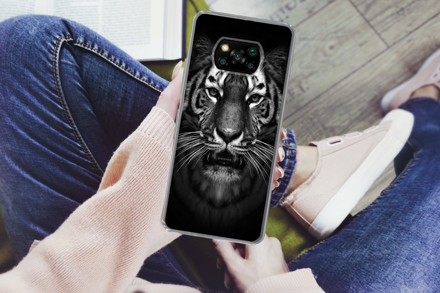MuchoWow Handyhülle für Xiaomi Poco X3 Pro Tiger - Tiere - Schwarz - Weiß - Porträt - Wild, Phone Case, Silikon, Schutzhülle Dünn