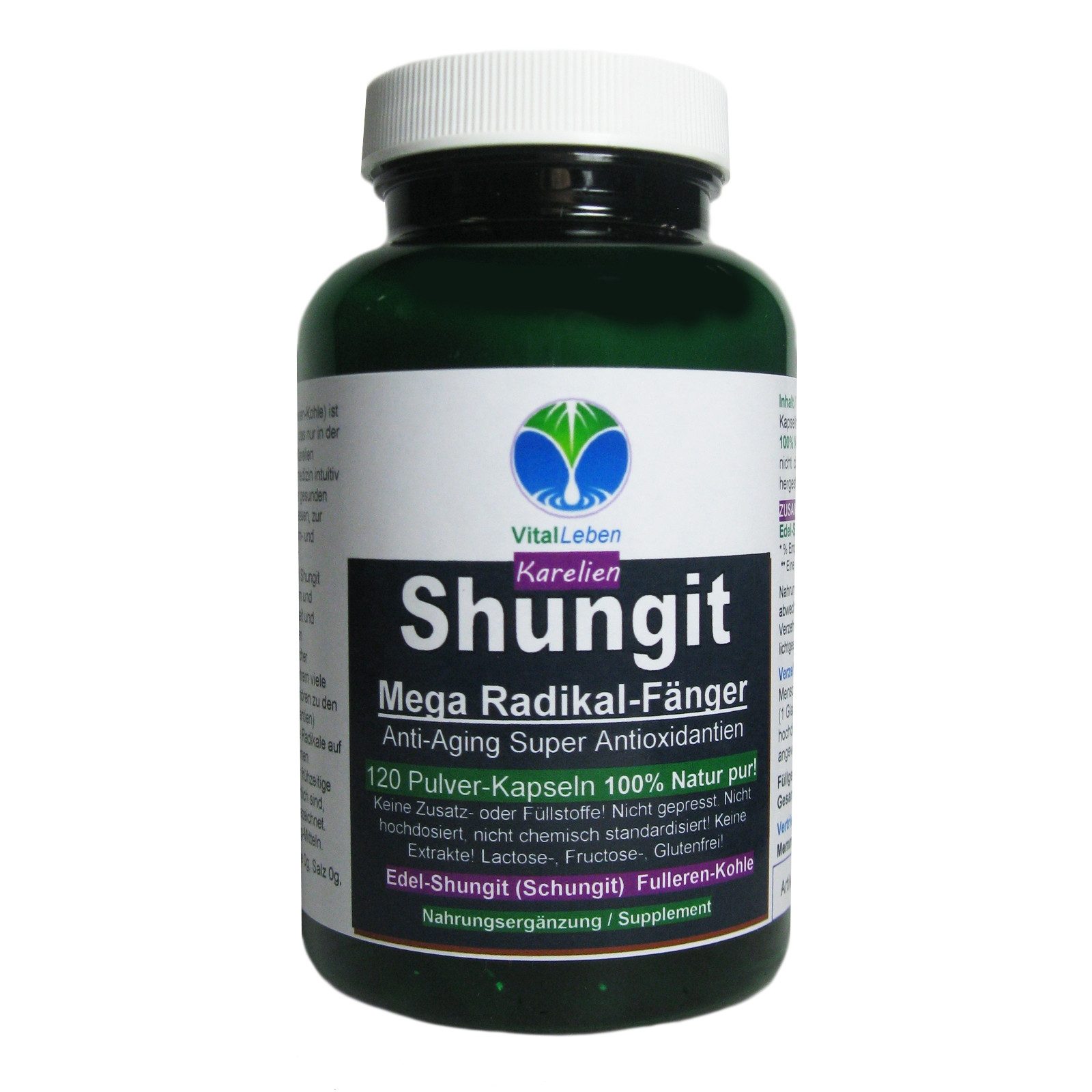 VitalLeben Edelschungit Elite Shungite Premium Qualität aus Karelien ohne Zusätze Kapseln, 1 er Dose à 120 St., 103.2 g, Art. 26730-120