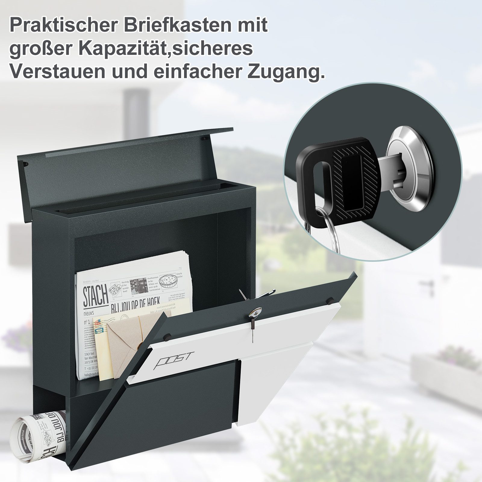 Woltu Wandbriefkasten (1-St), mit Zeitungsfach, mit Schloss 2 Schlüsseln, 37x37x10,5cm