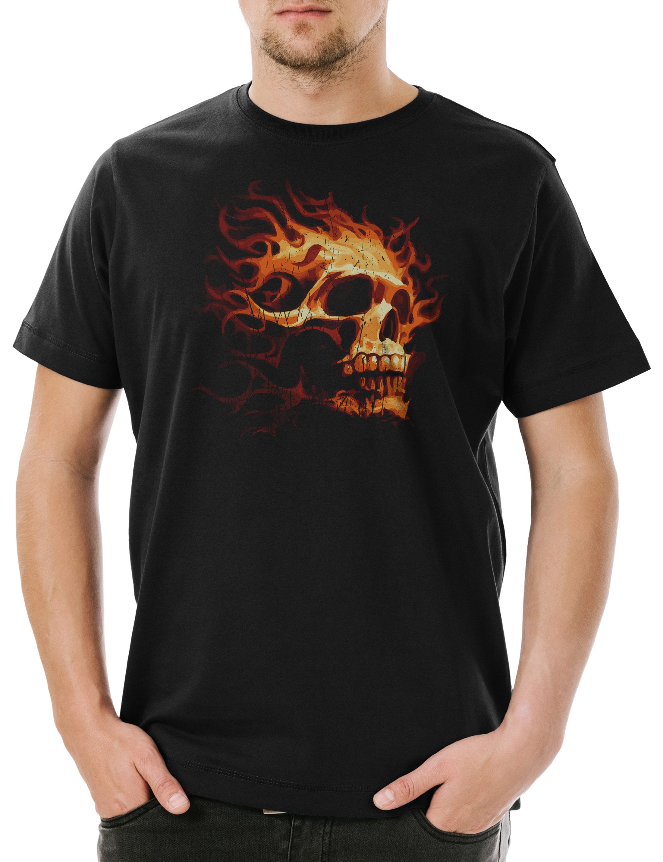 Urban Backwoods Print-Shirt Burning Skull I Herren T-Shirt Tattoo Art Rockabilly Skeleton Flames (1-tlg) Ink Brennender Schädel Totenschädel