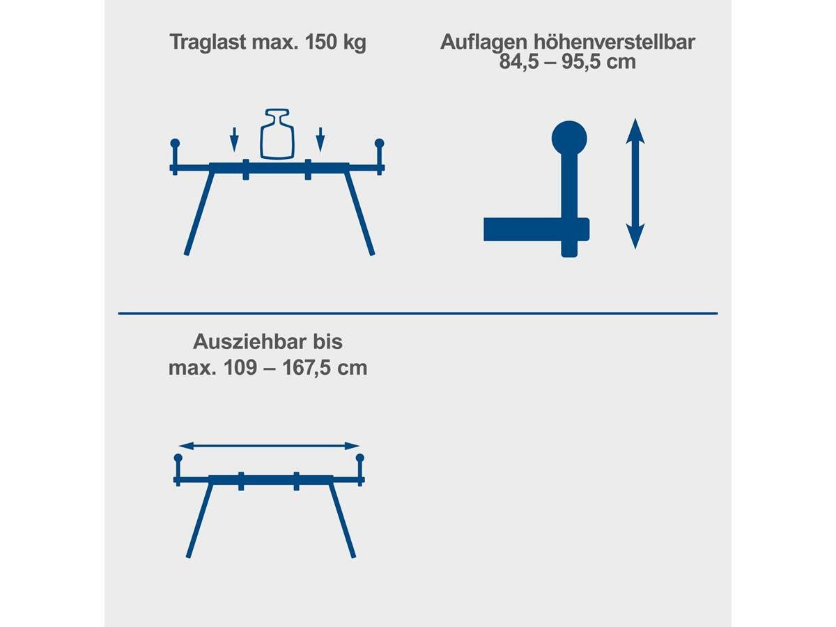Scheppach Kappsägen-Untergestell UG200, Traglast 150kg, Fahrvorrichtung, Seitenverlängerungen 1,09–1,67 Meter