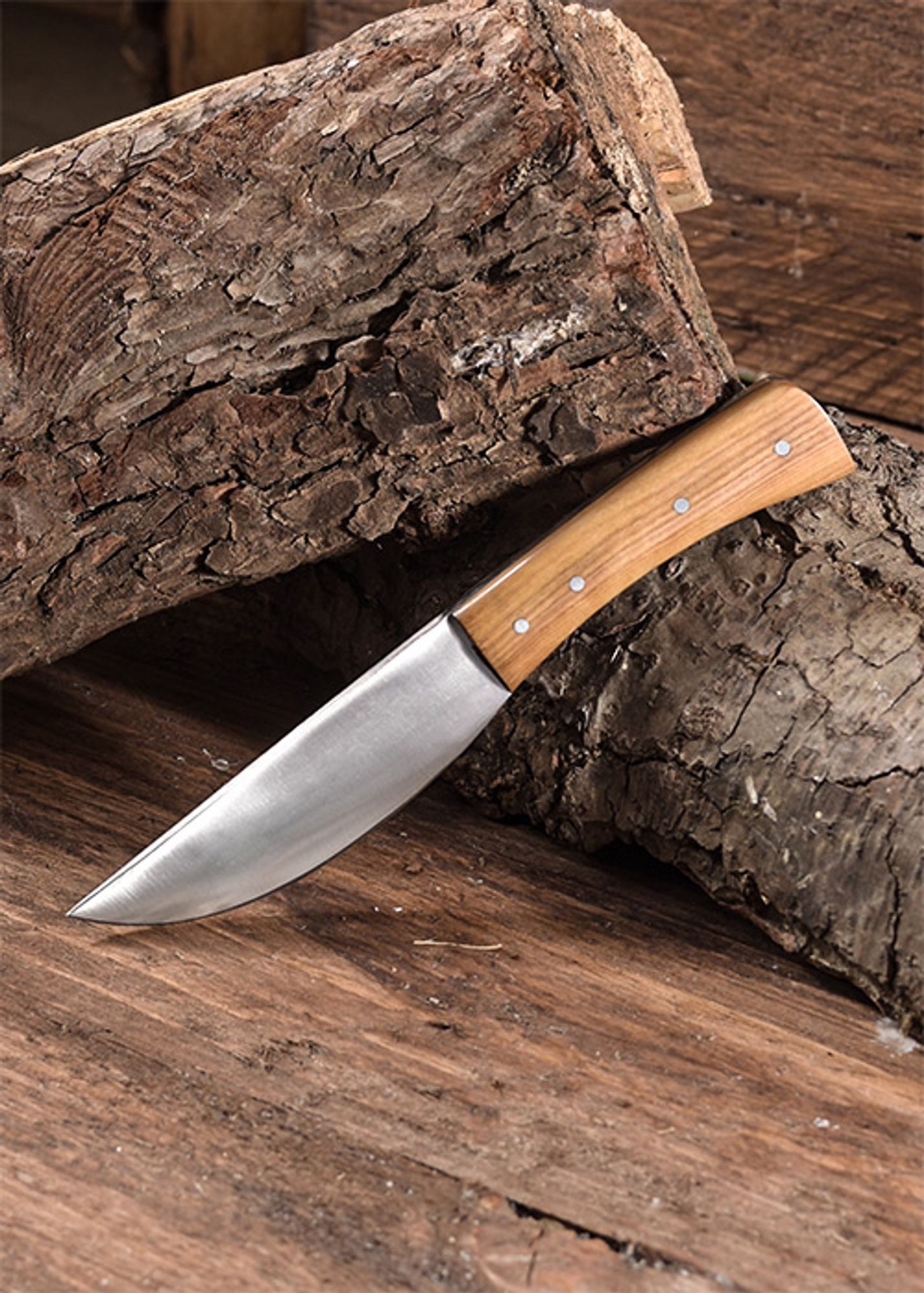 Battle Merchant Taschenmesser Messer mit Griff aus Olivenholz und Lederscheide
