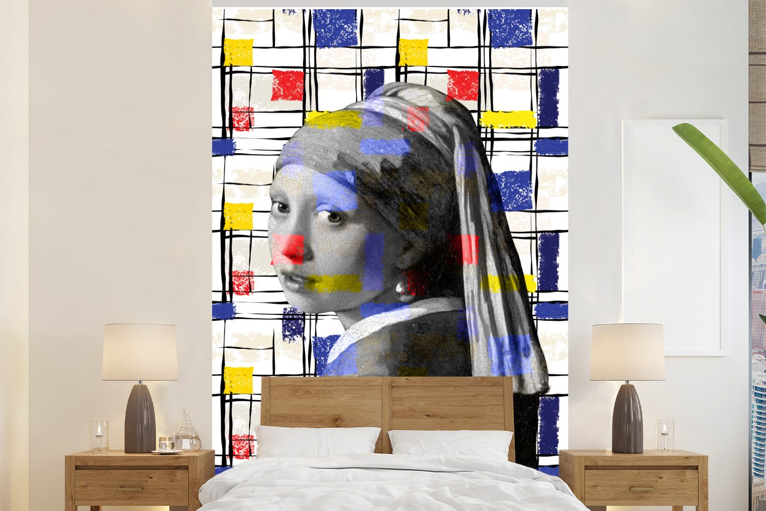 MuchoWow Fototapete Mondrian - Mädchen mit Perlenohrring - Collage, Matt, bedruckt, (3 St), Montagefertig Vinyl Tapete für Wohnzimmer, Wandtapete