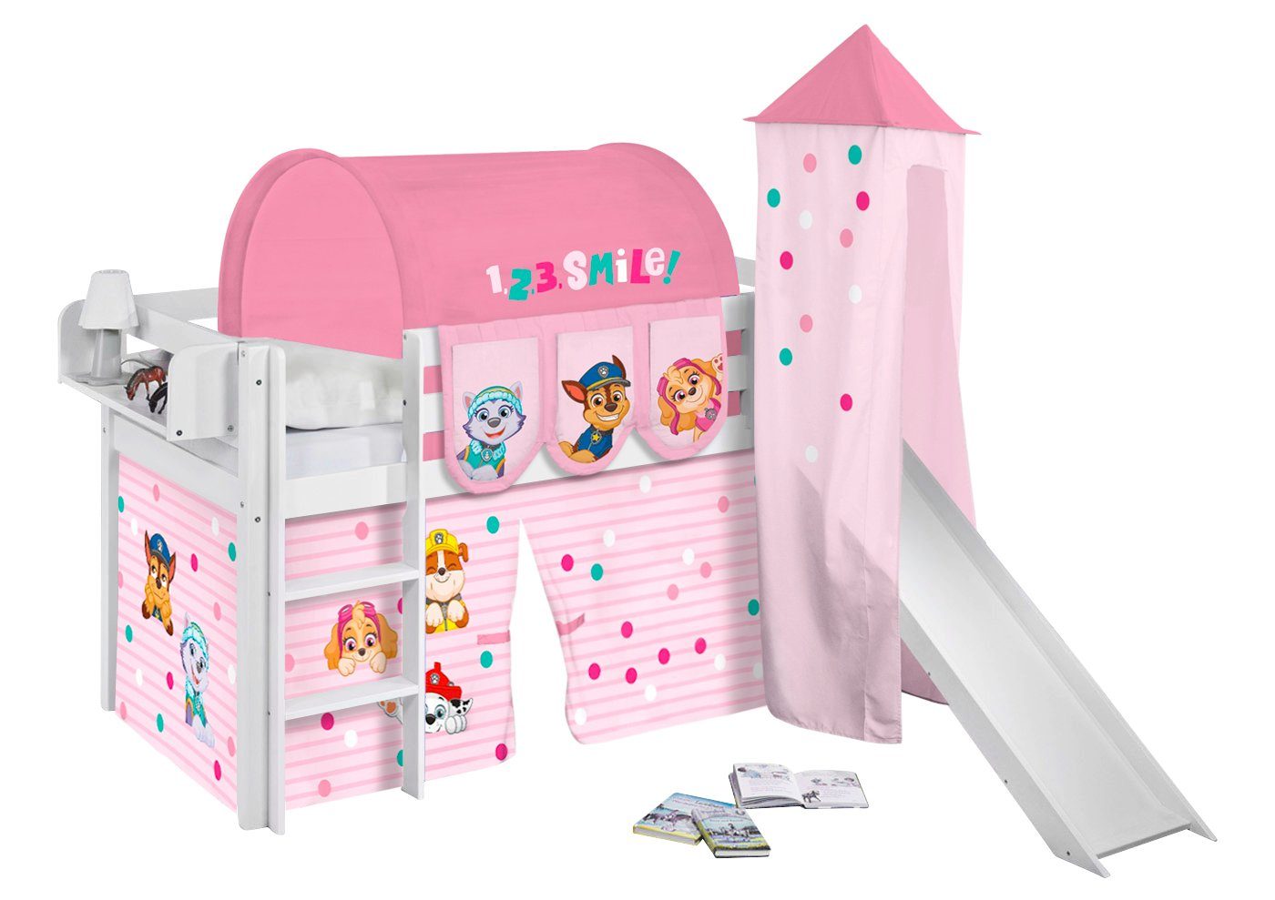 Kinderbett Hochbett JELLE mit Vorhang & Turm PAW PATROL ROSA 190x90cm