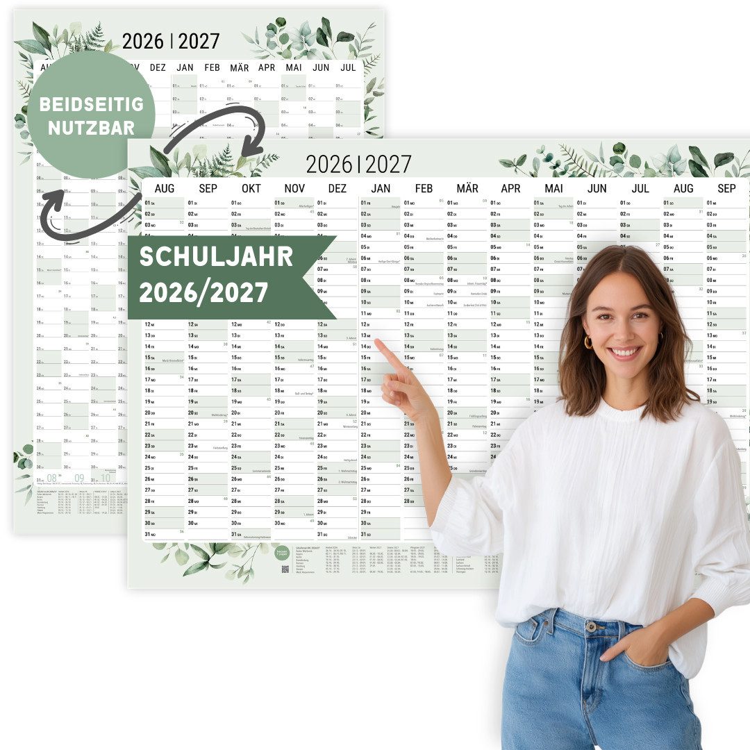 heaven+paper Jahresplaner A1 Schuljahresplaner 2025/2026 Green Querformat, hochwertig, Hergestellt in Deutschland