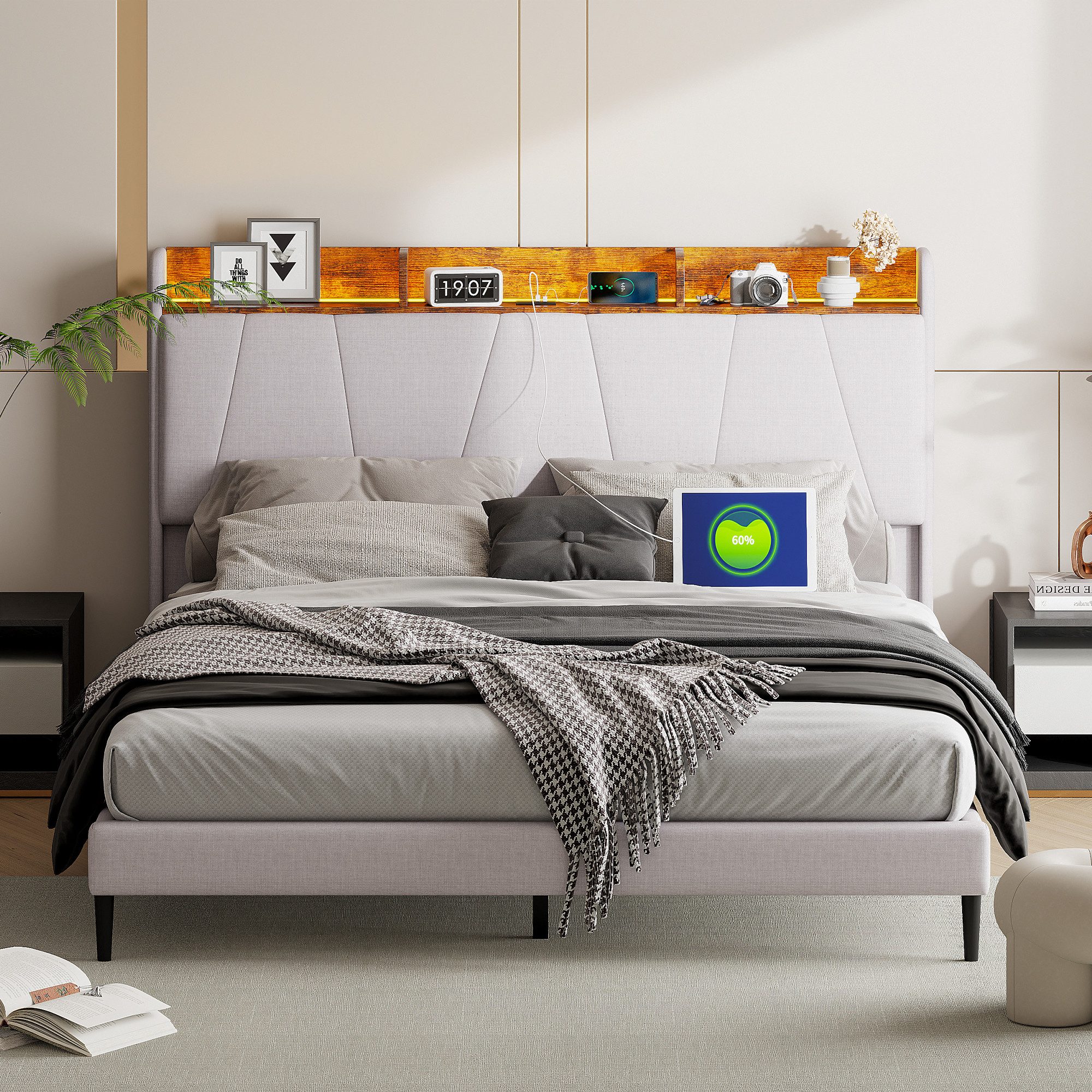 PXloue Polsterbett LED Doppelbett, Stauraumbett,mit 2 USB-Laden und Staurau günstig online kaufen