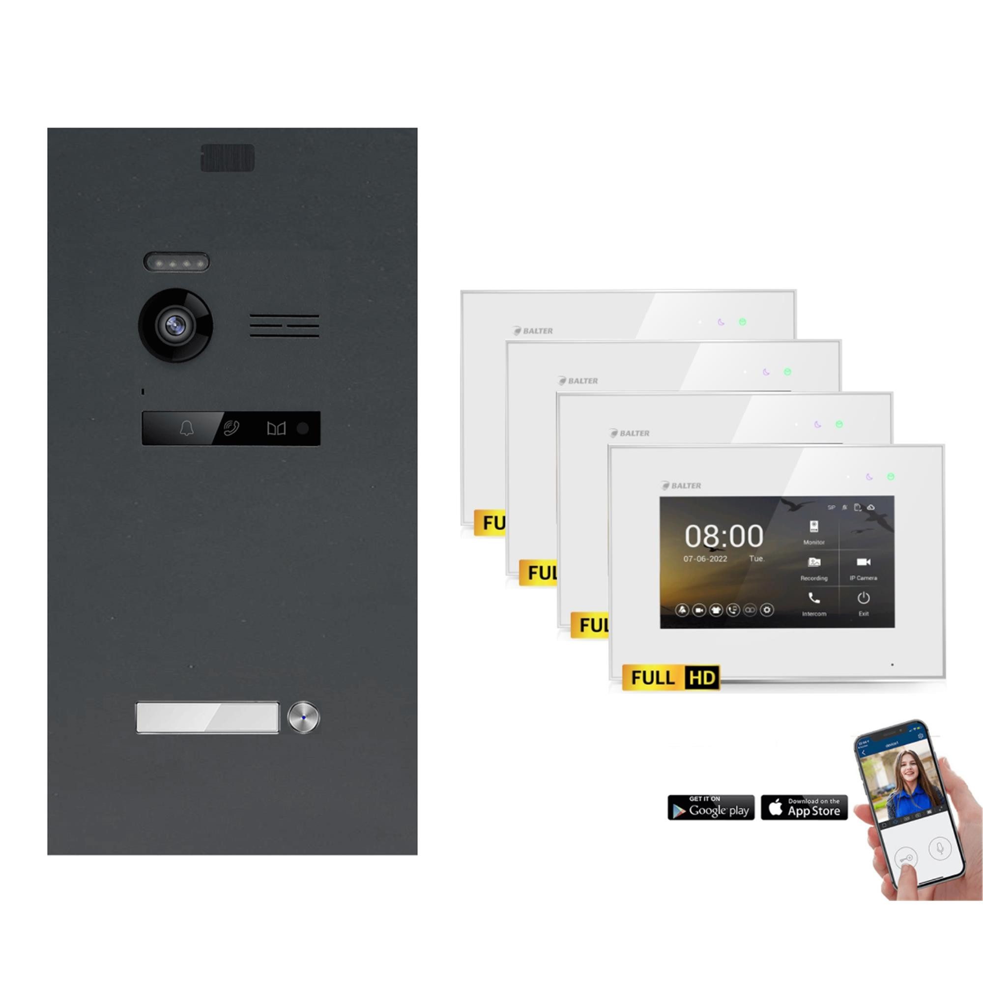 Balter Video-Türsprechanlage EVO-HD Komplettsystem 1-Familie Anthrazit 4x 7" WLAN Monitore Weiß (Set, 1-Familienhaus, Komplettset, FullHD Kamera, mit App)