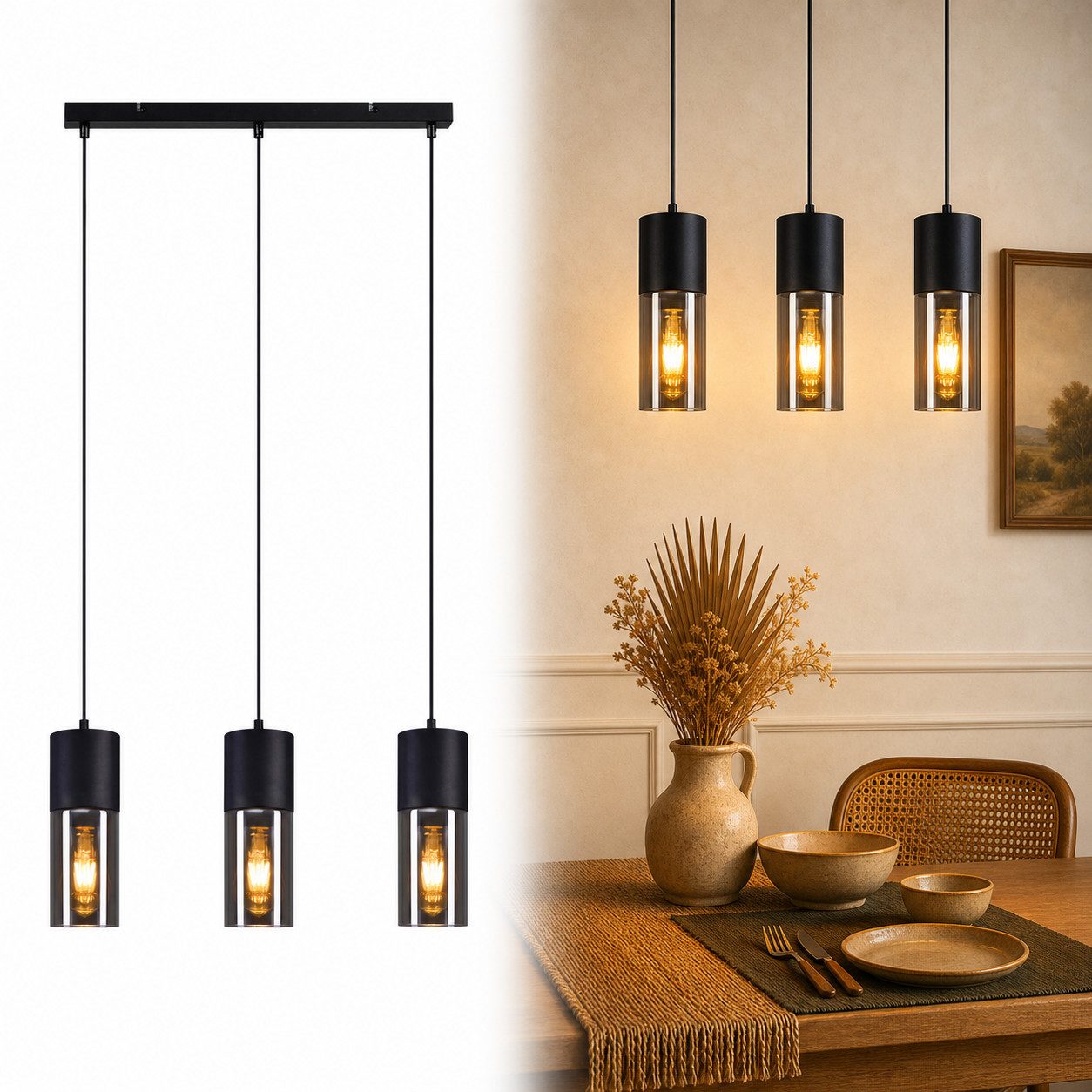 Nettlife Pendelleuchte Schwarz Esstisch E27 1/3/4 Flammig Glasschirm Hängeleuchte, LED wechselbar, Esstisch Wohnzimmer Schlafzimmer