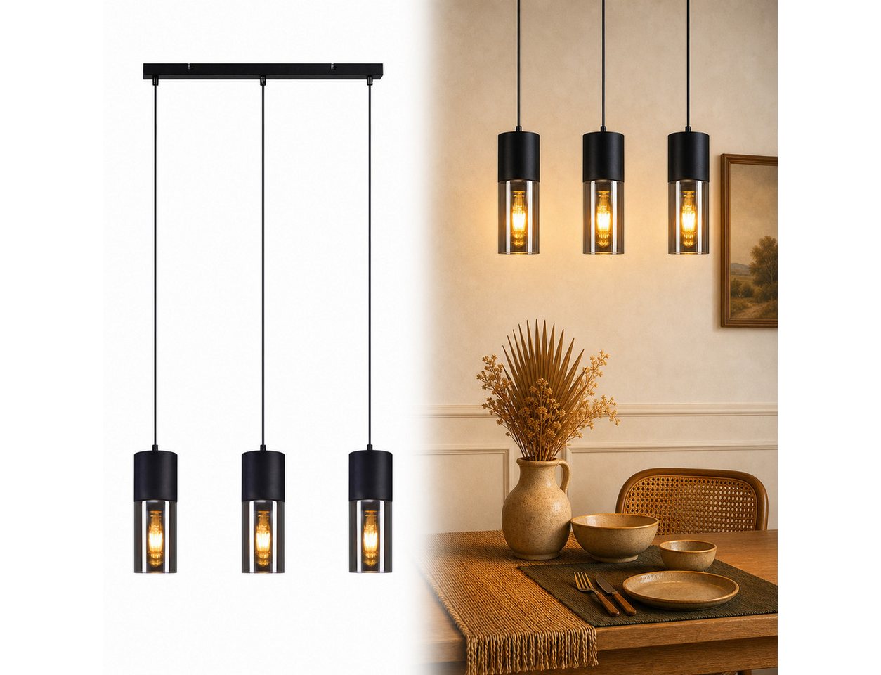Nettlife Pendelleuchte Schwarz Esstisch E27 1/3/4 Flammig Glasschirm Hängeleuchte, LED wechselbar, Esstisch Wohnzimmer Schlafzimmer