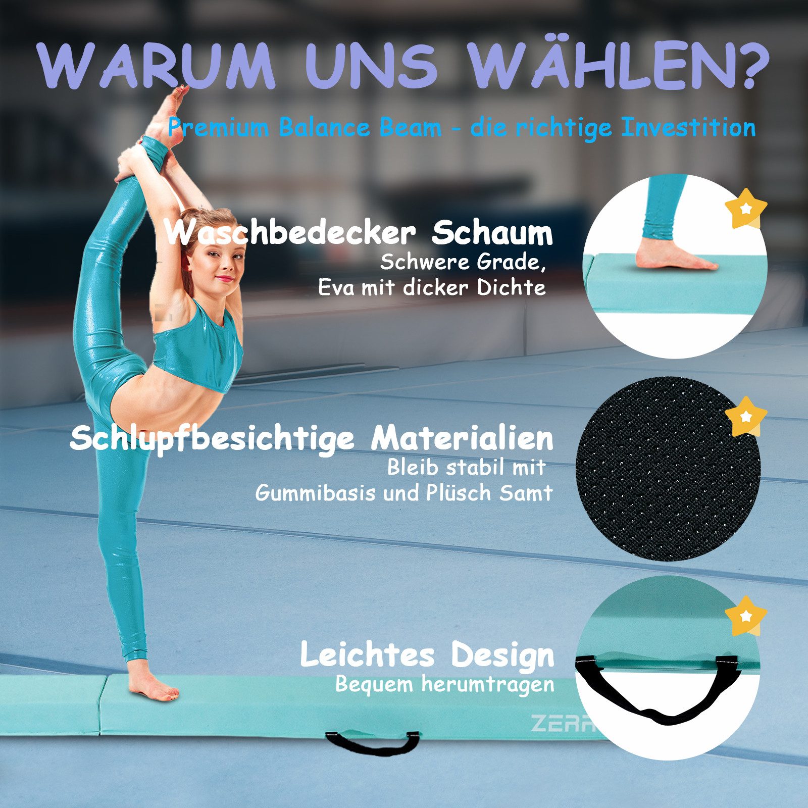 CCLIFE Balancetrainer Schwebebalken für Zuhause Kinder 240/270cm Balken Turnen, Grün, Lila