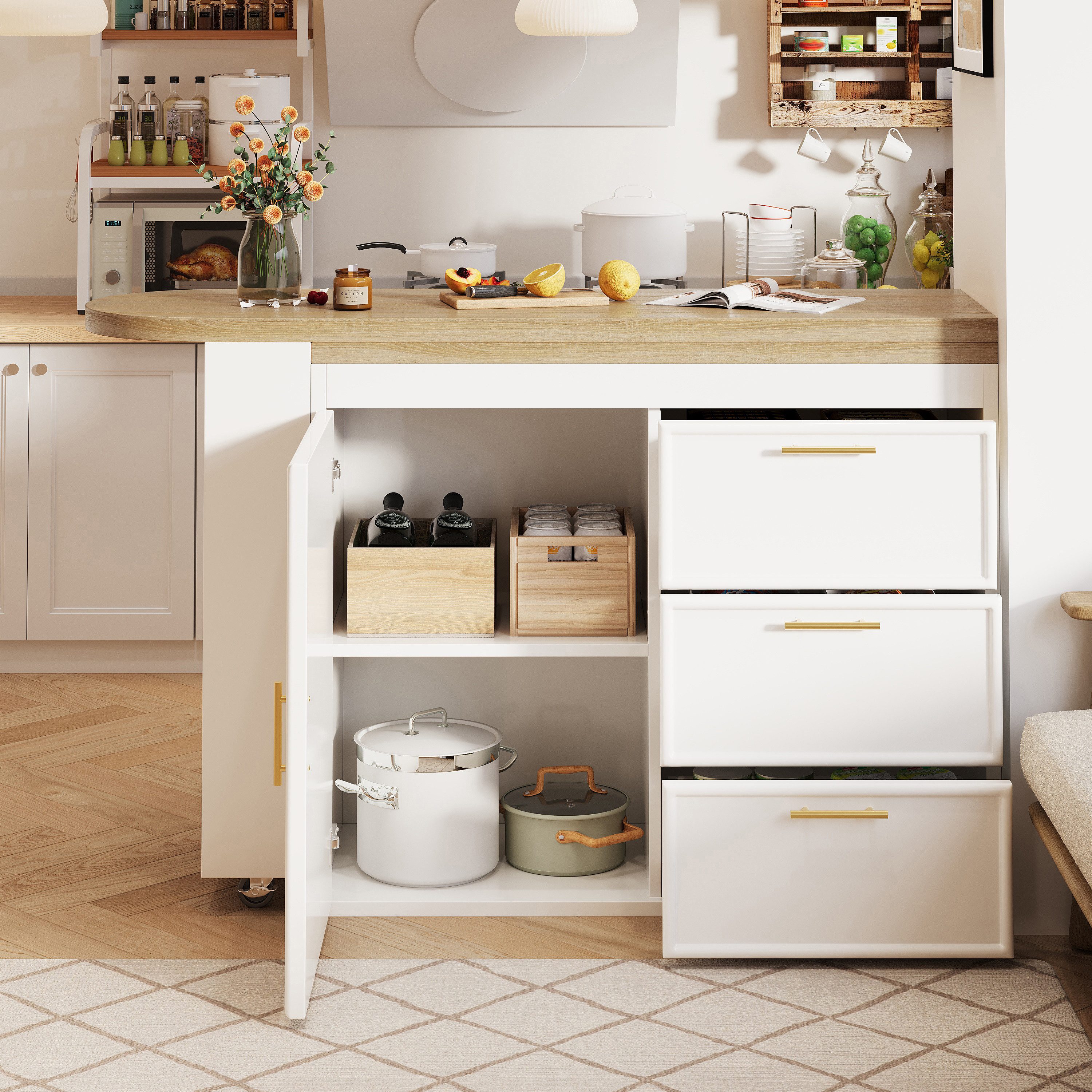 Flieks Bartisch 360° drehbarer Stehtisch & Kommode mit 3 Schubladen (Set, 2-St., 2er Set), Küchenschrank & schwenkbarer Tisch mit Arbeitsplatte in Holzoptik