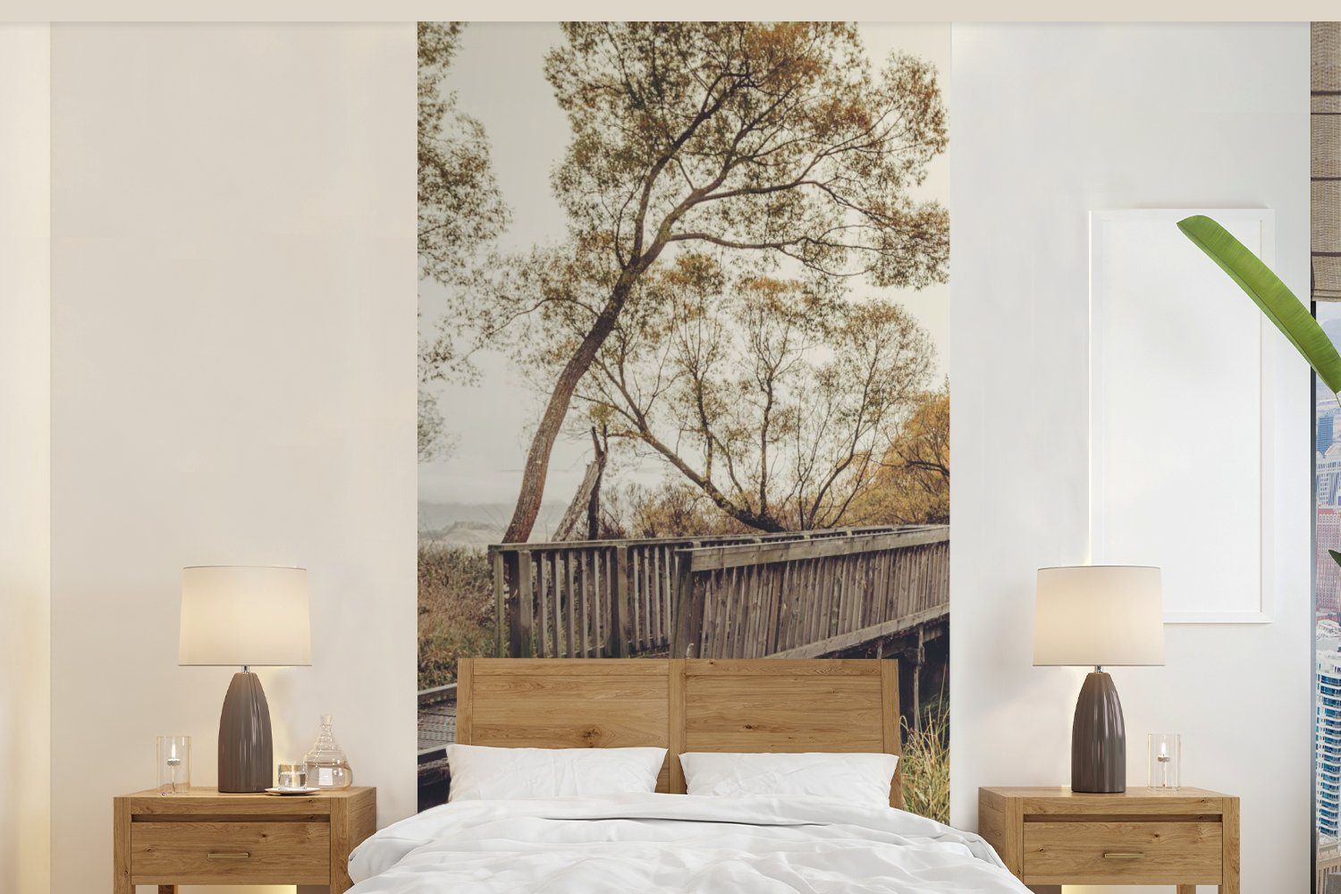 MuchoWow Fototapete Herbst - Brücke - Bäume, Matt, bedruckt, (2 St), Vliestapete für Wohnzimmer Schlafzimmer Küche, Fototapete