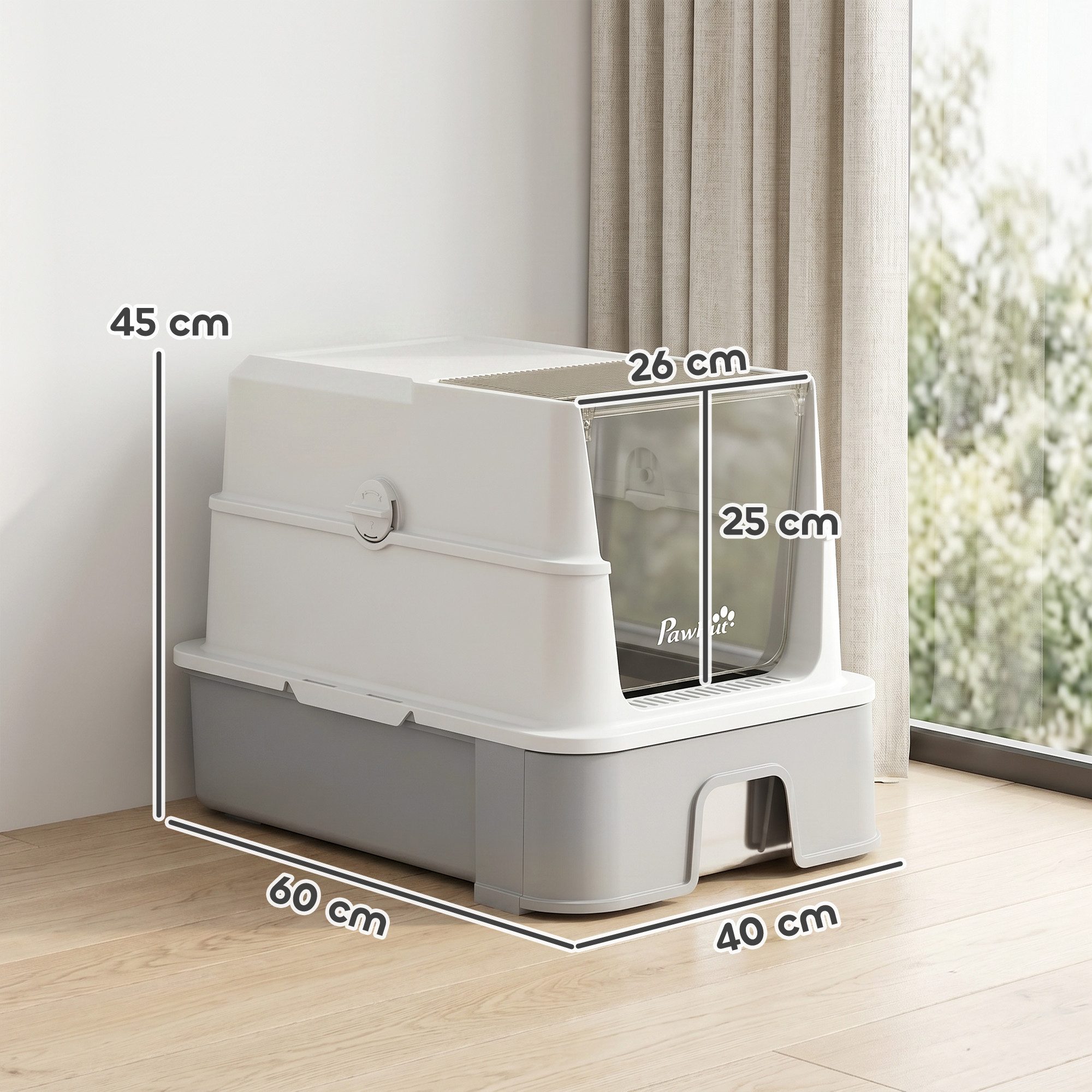 PawHut Katzentoilette Katzenstreubox mit Schaufel, herausziehbare Wanne, ausziehbare Edelstahlwanne, große Kapazität, geruchshemmend