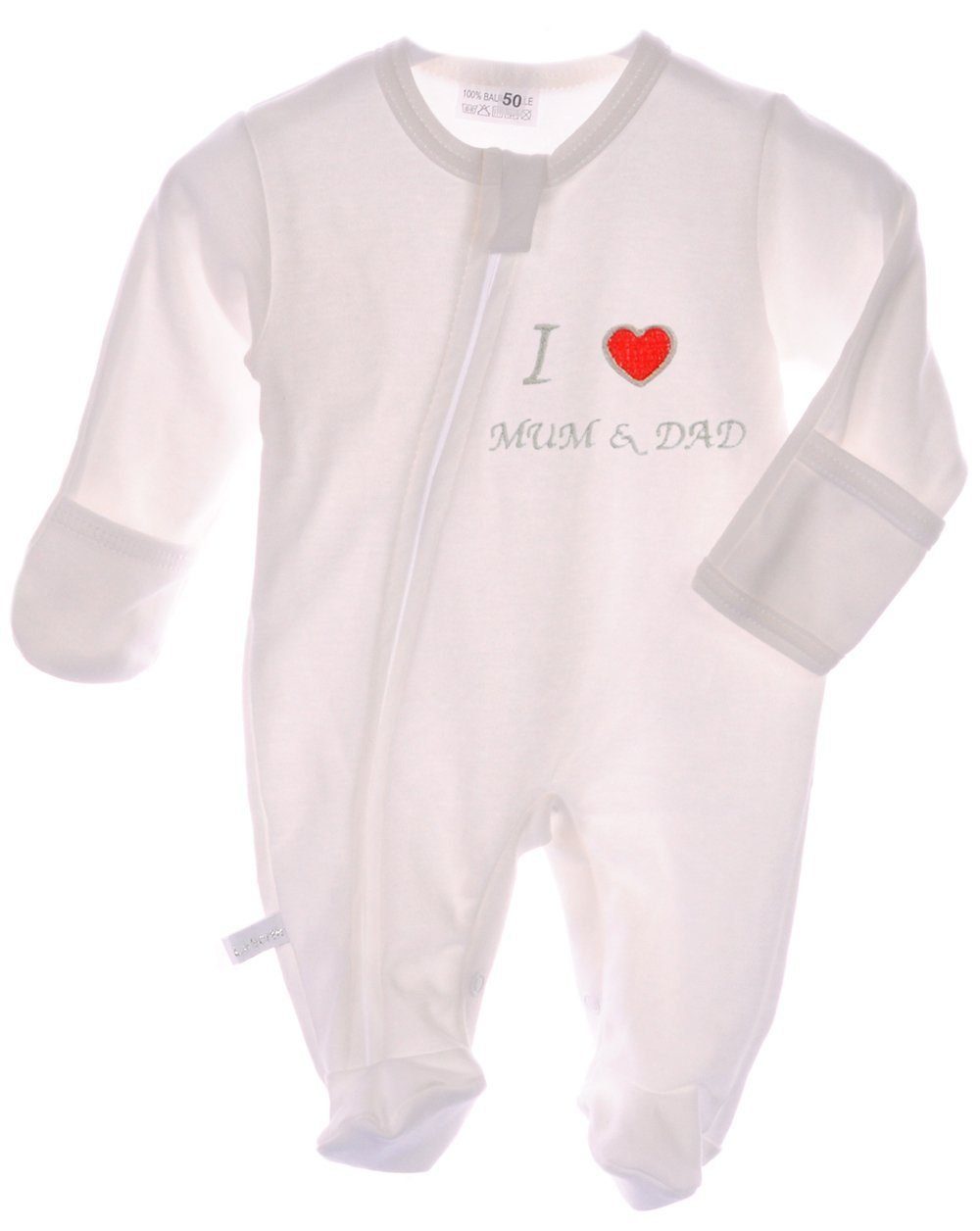 La Bortini Ползунки Schlafoverall mit Papa Mama Overall Baby Schlafanzug in Creme aus reiner Baumwolle, mit Reißverschluss, 44 50 56 62 68 74 80